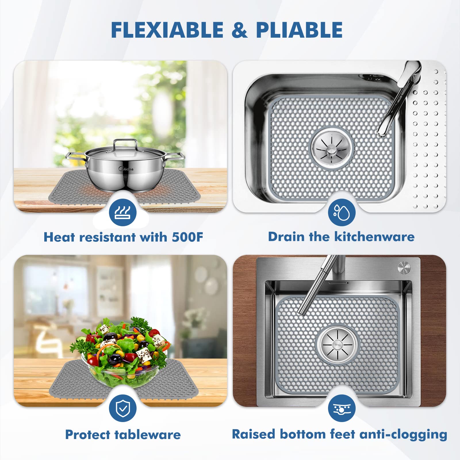 Bestjing Silicone Sink Mat, 13.58''X 11.6'' Sink Protectors For Kitchen Sink With Center Drain, Folding Non-Slip Heat Resistant