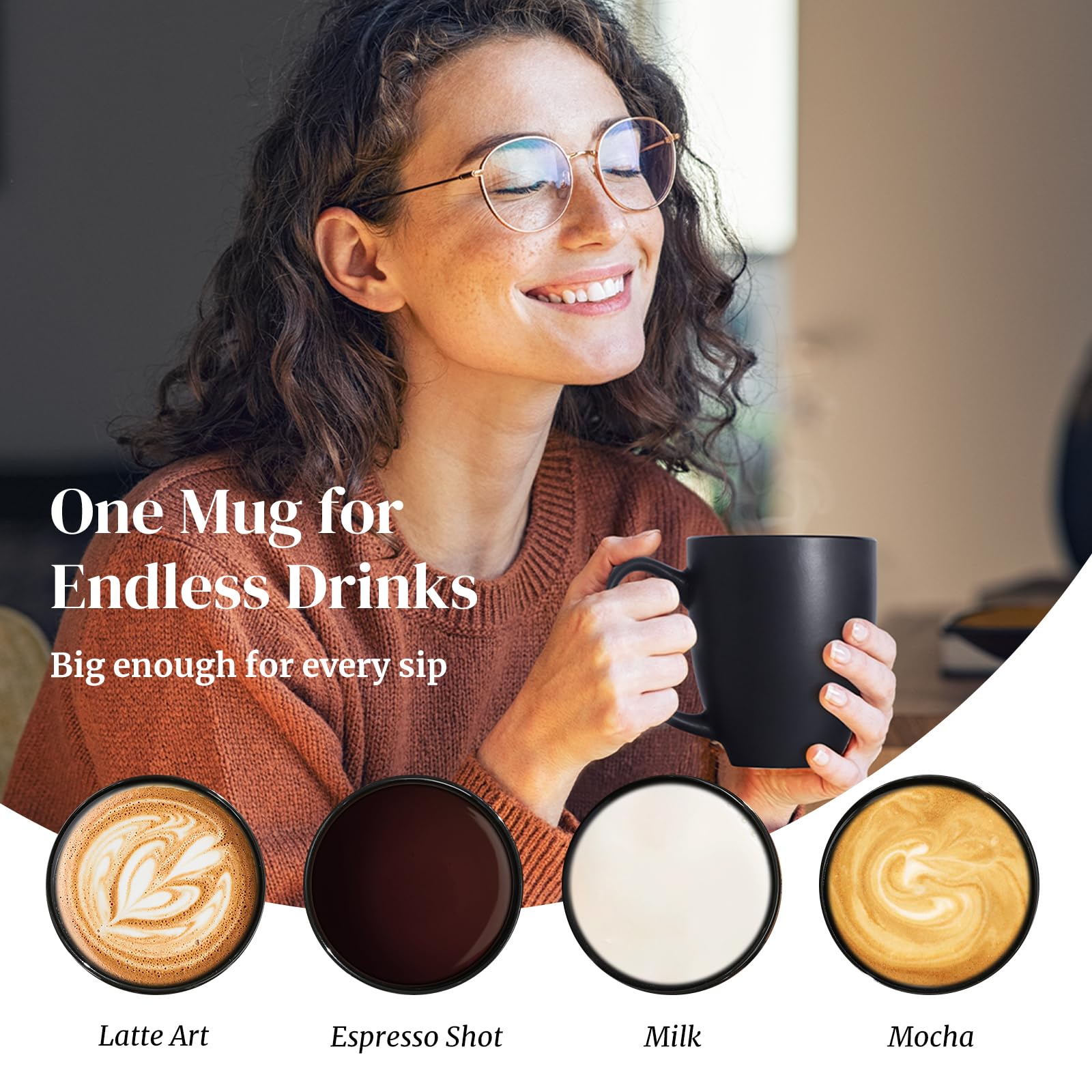 DOWAN Coffee Mugs, Black Coffee Mugs Set of 6, 16 oz Ceramic Coffee Cups with Large Handles for Men Women, Porcelain Big Mug for