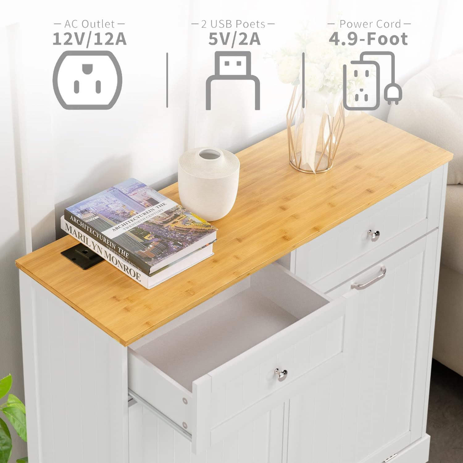 Gazhome Double Tilt Out Trash Cabinet With Charging Station, Upgrade Wooden Free Standing Trash Cabinet With Outlet,Recycling Ca