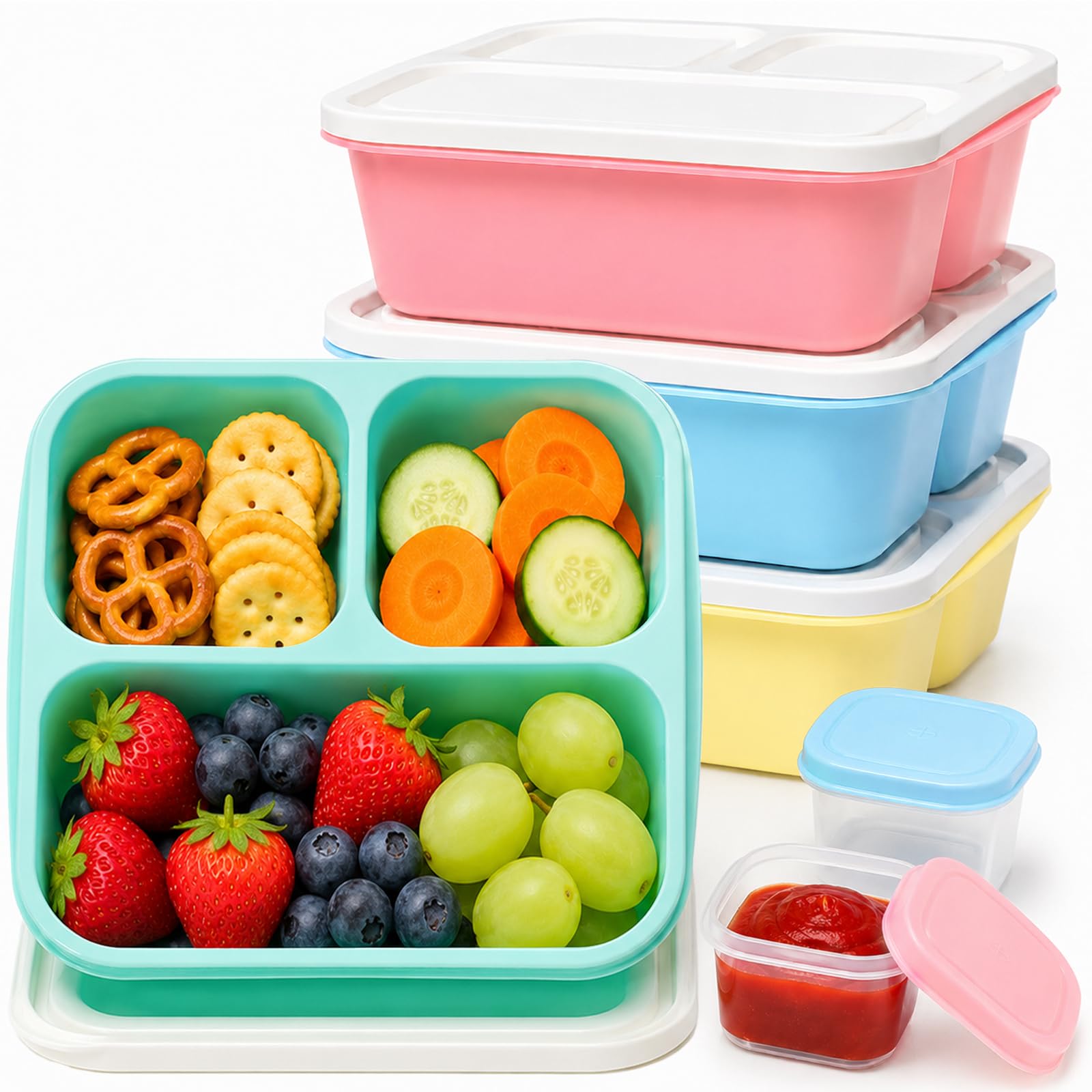 YUANCE Bento Box Snack Containers, 3 Compartment Lunch Containers for Adults, Reusable Stackable Meal Prep & Food Storage Contai