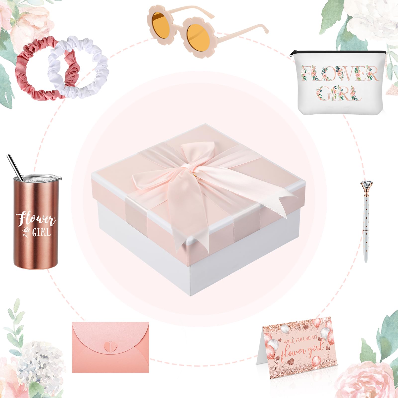 10 Pcs Flower Girl Gifts Set Flower Girl 14Oz Tumbler Canvas Bag Satin Scrunchies Kimono Robe Proposal Gift Box Sunglasses Diamo