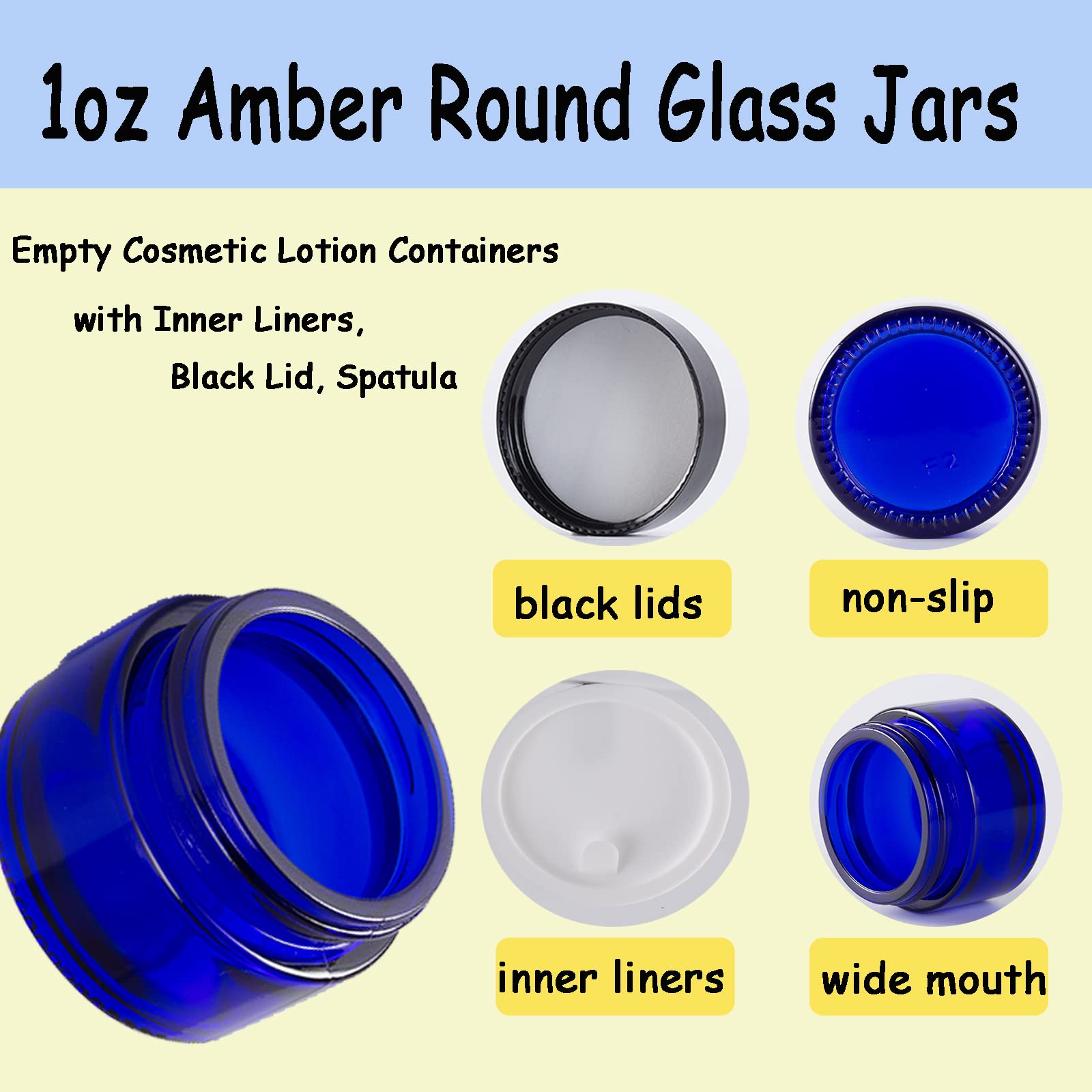 Over News 4Pcs 1 Oz Small Glass Jar, Empty Cosmetic Lotion Containers,With Inner Liners,Black Lid, Spatula (Blue)