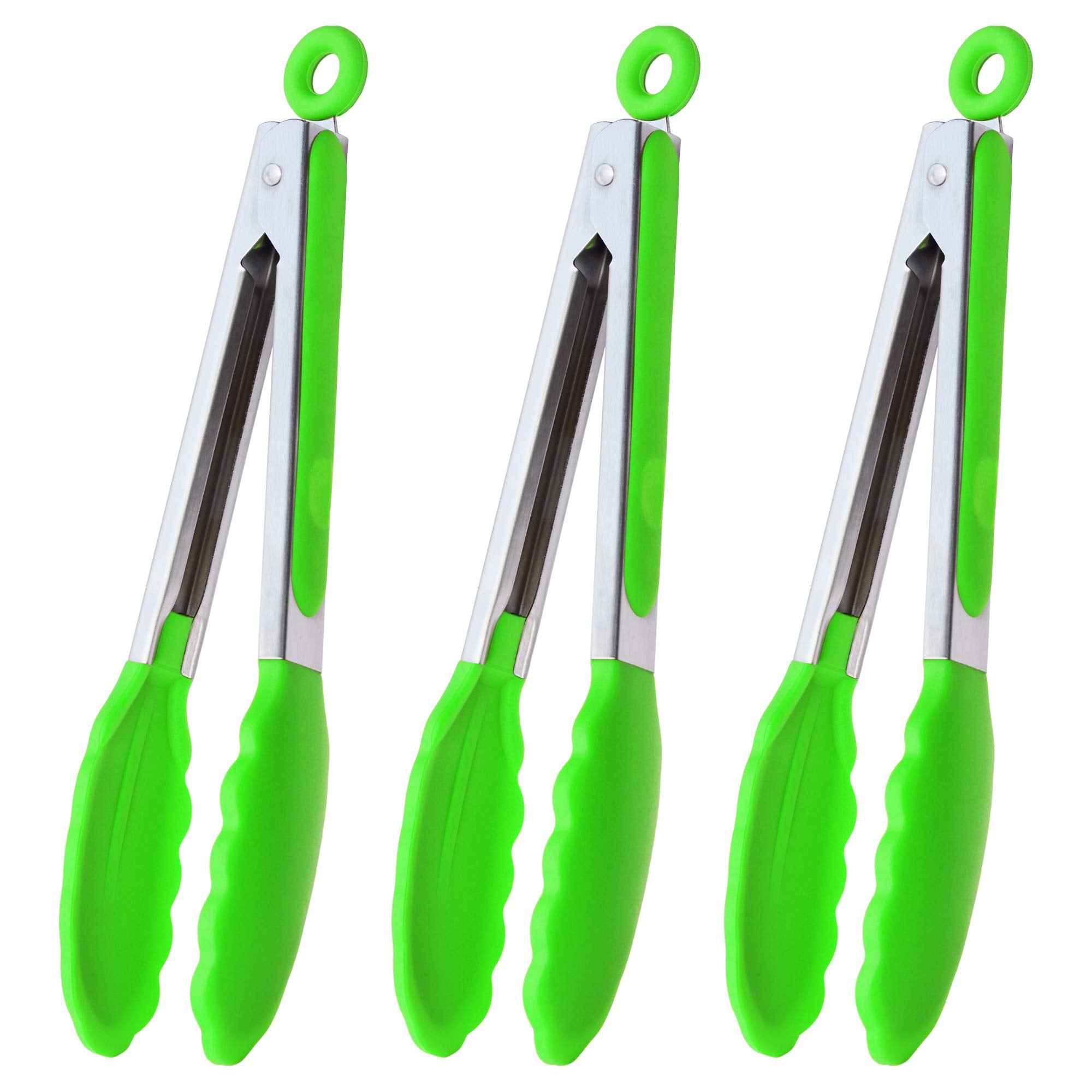 Hinmay Silicone Tongs 9-Inch Stainless Steel Locking Kitchen Tongs, Set Of 3 (Green)