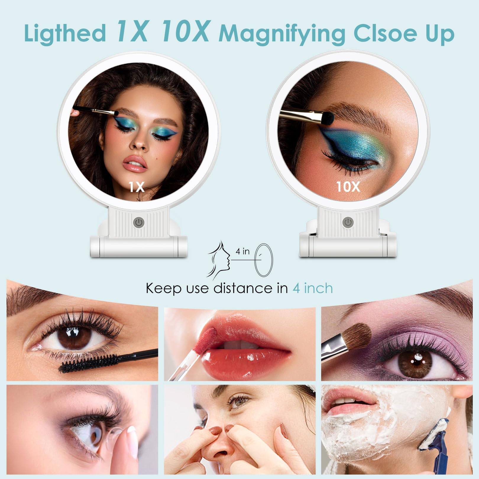 Lukymiro 1X 10X Lighted Makeup Mirror, Rechargeable 8'' Vanity Magnifying Mirror With Lights 3 Color Setting, 2 Sided Led Vanity