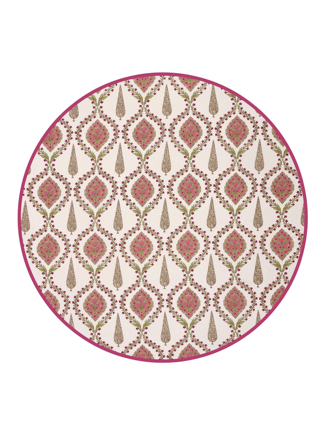 Clasiko 100% Cotton 6 Seater Round Table Cover; 72x72 Inches; Pink Beige Block Print