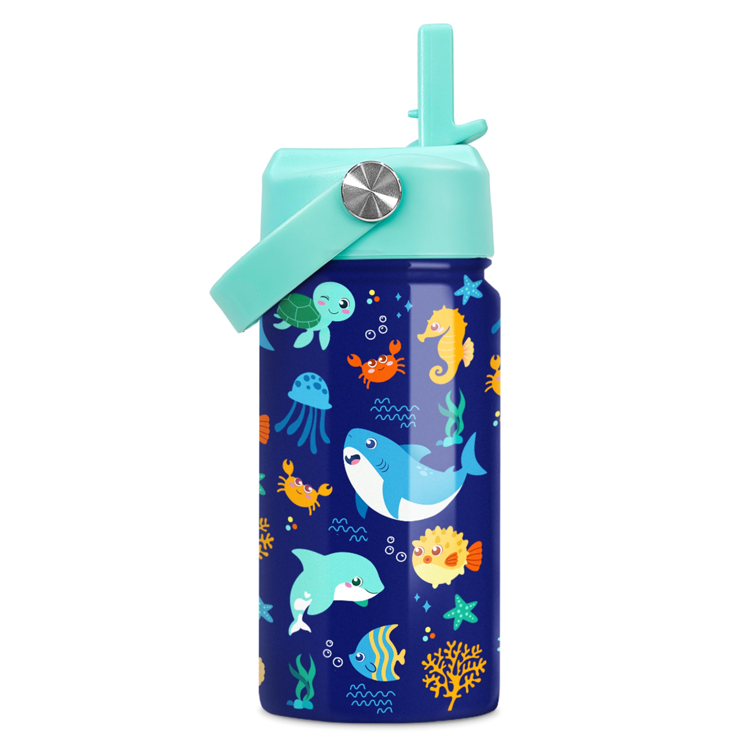 SANDJEST Kids Water Bottle with Straw Lid - 12 Oz Insulated Stainless Steel Ocean Water Bottles for Kid Boys Girls - Travel Cup 