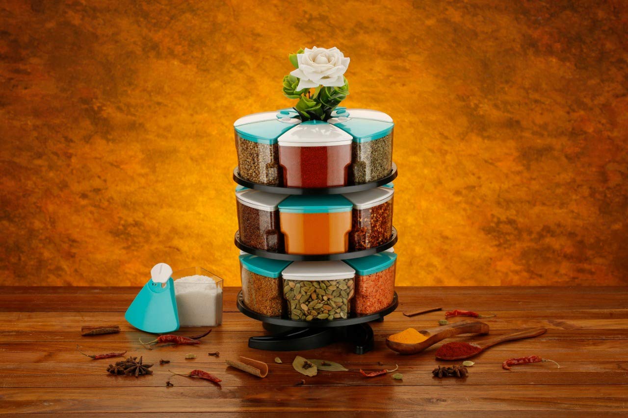 Pramukh Fashion 360 Degree Revolving Round Shape Transparent Pack Of 18 Jar Spice Rack/Container 3 Layer Spice Rack Sky Blue