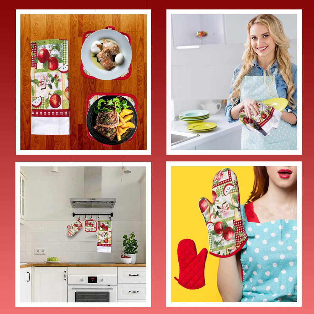 Lobyn Value Packs - 5 Piece Country Kitchen Towel Set: Features Red Apples On A Patchwork Quilt, 2 Decorative Dish Towels, 1 Ove