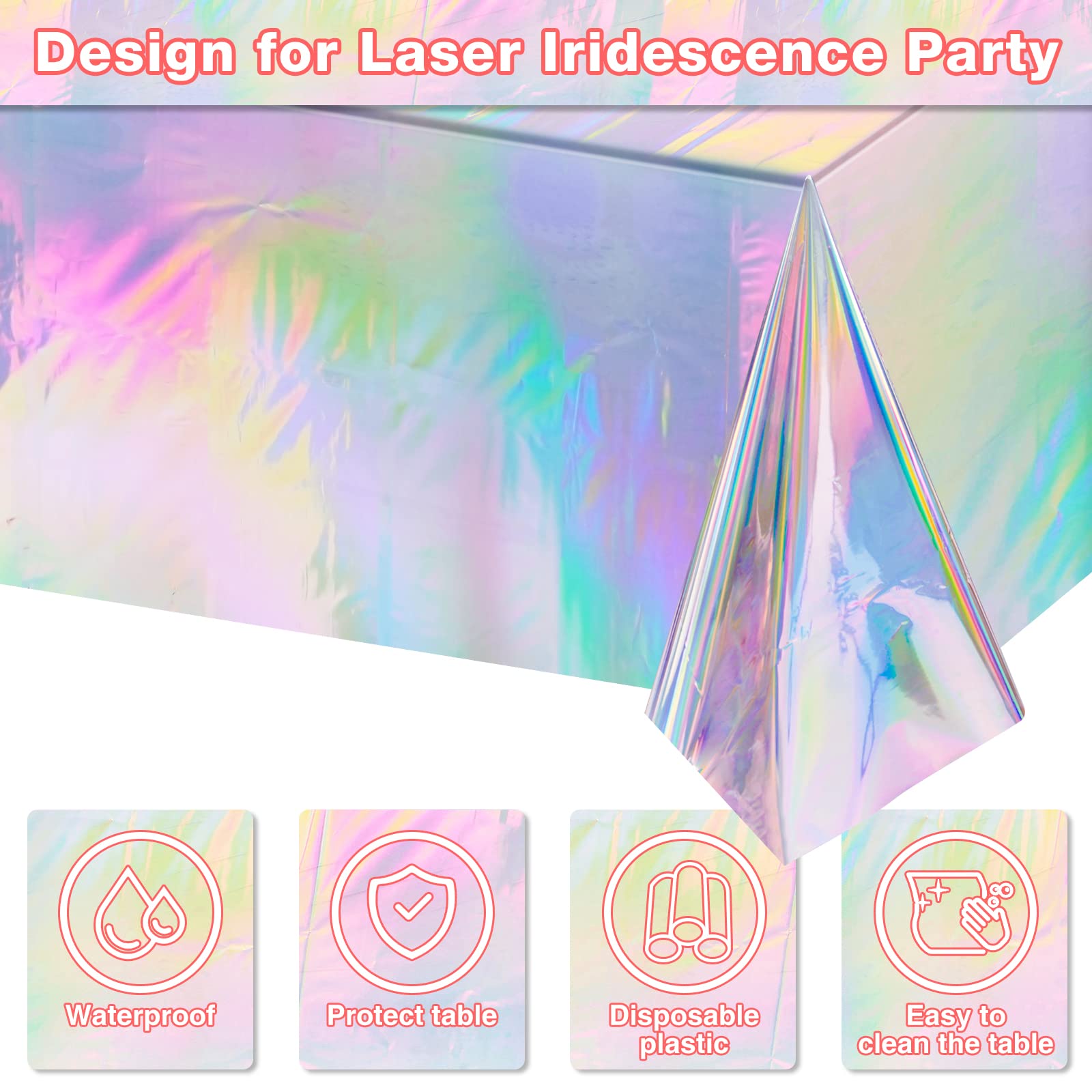 6 Pack Iridescence Plastic Tablecloths Shiny Disposable Laser Rectangle Table Covers Holographic Foil Tablecloth Iridescent Part