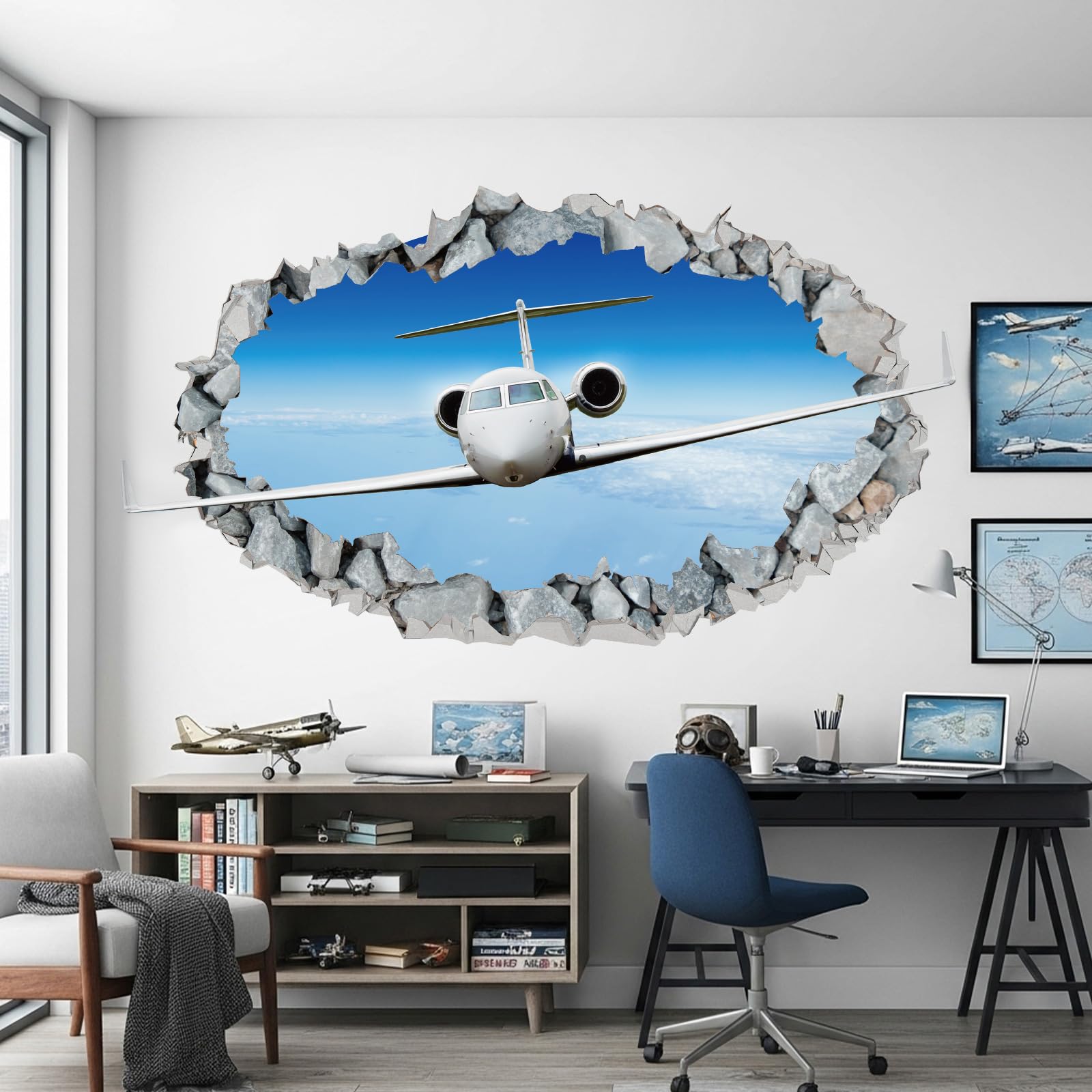 Drydiet Jet Airplane Wall Decal 3D Smashed Plane Sticker Bedroom Decor Room Mural Removable Wall Art Aviation Theme Gift for Avi