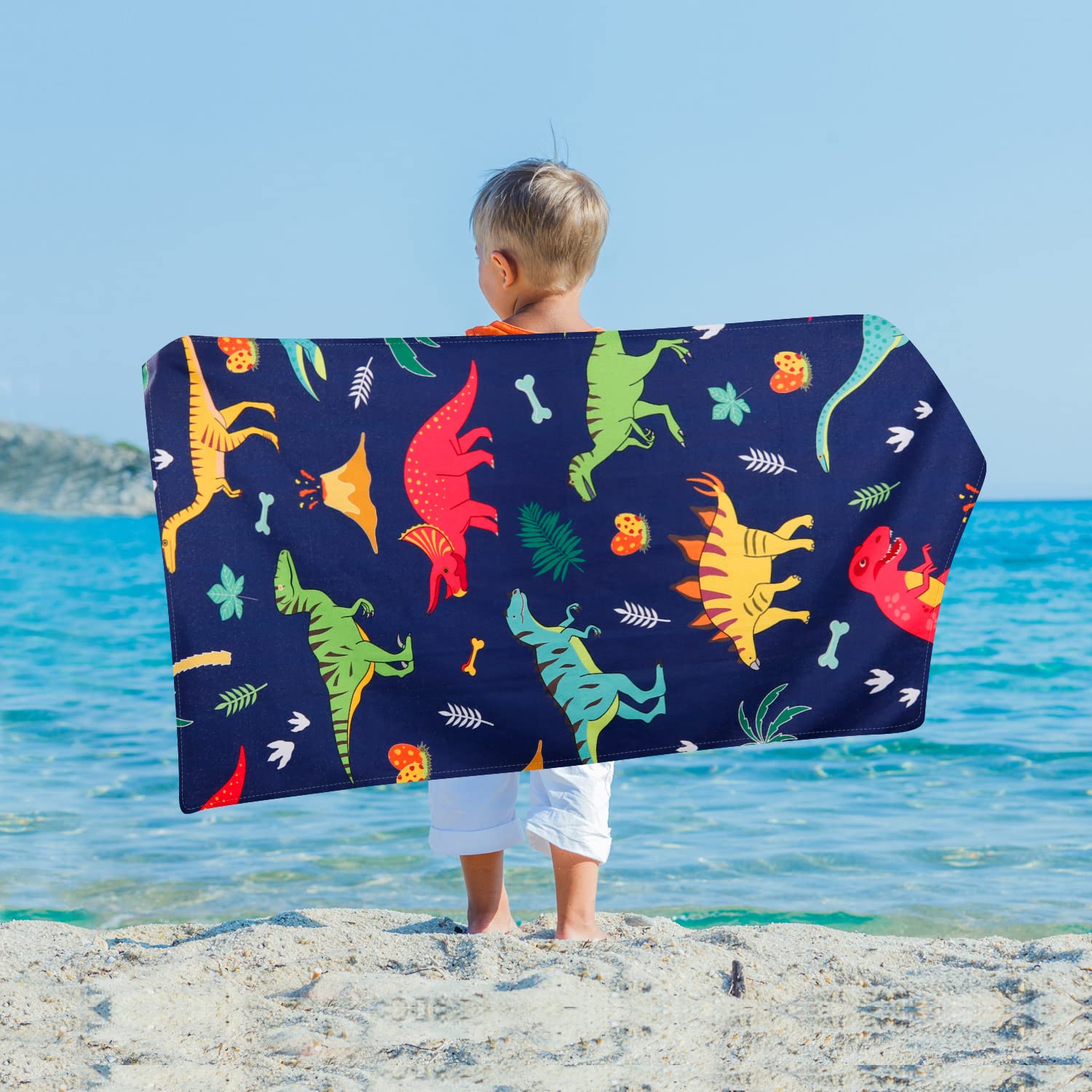 Livilan Dinosaur Beach Towel For Kids, Soft Microfiber 24'' X 48'', Quick Dry, Sand Free, Perfect For Boys Bath, Pool, Travel, D
