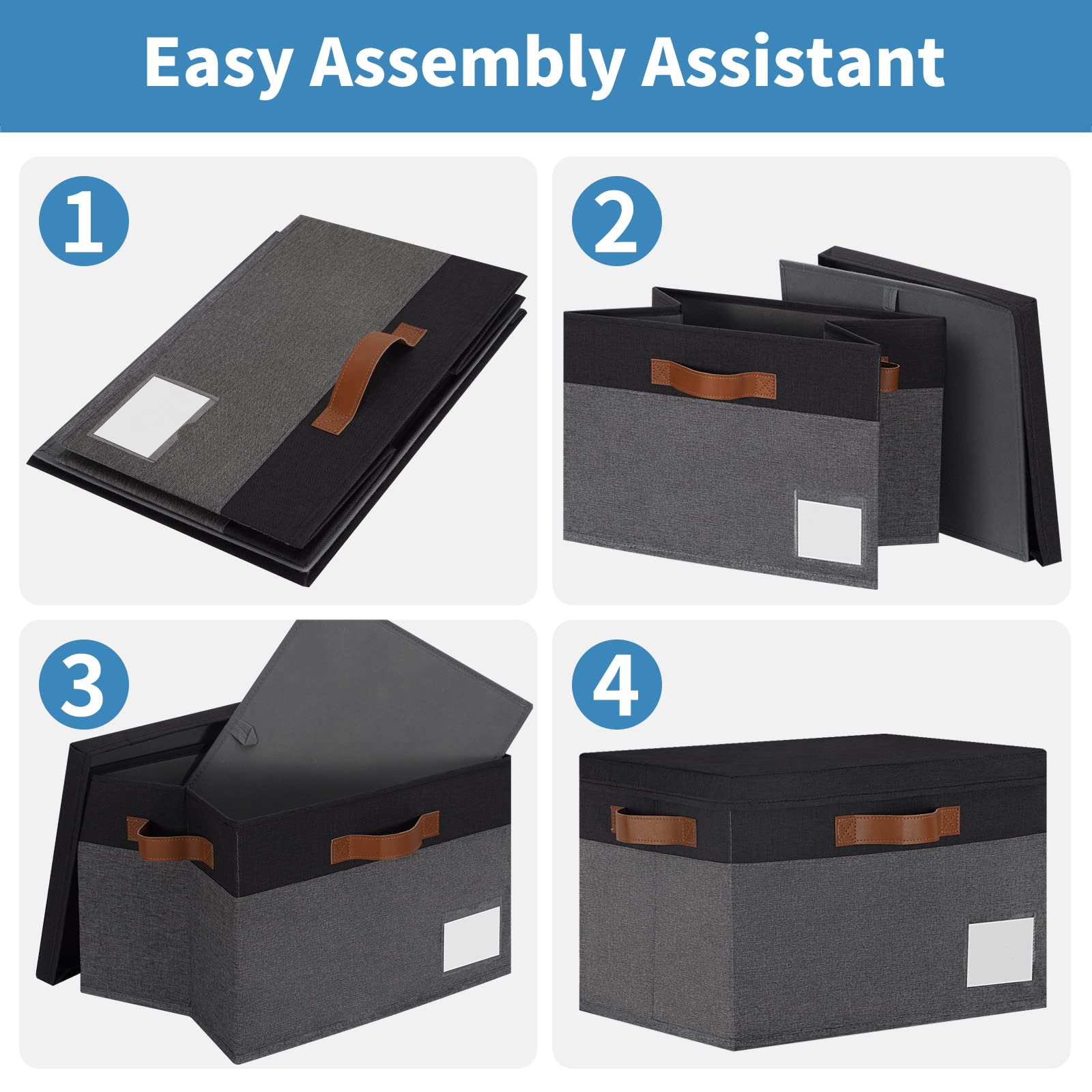 GhvyenntteS Large Storage Bins with Lids (3-Pack) Closet Storage Boxes with Lid and 3 Leather Handles  Foldable Fabric Storage Baskets with Label Window for Home Bedroom Office (Grey&Black  15'' x 11'' x 9.7'')