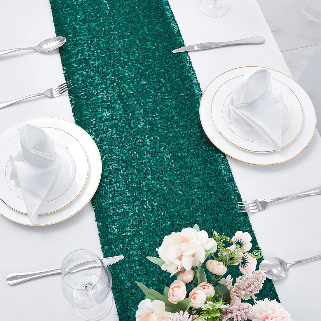 2 Packs 12 X 72 Inches Hunter Green Sequin Table Runner, Glitter Runner For Birthday Party Supplies Decorations Wedding Bachelor
