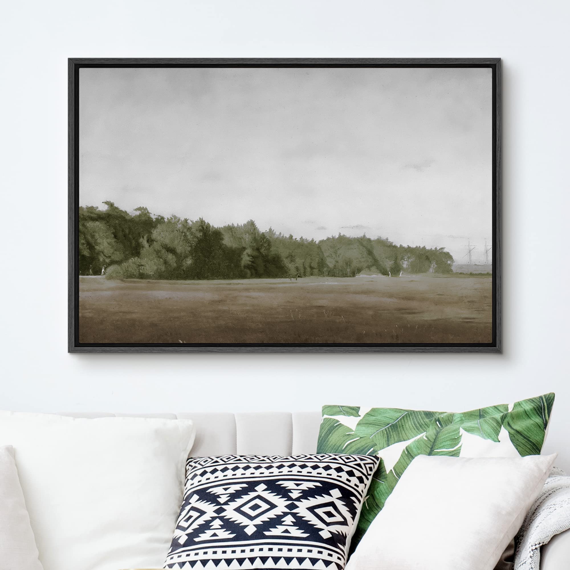 Signford Framed Canvas Wall Art Brown Meadow With Green Forest Landscape Wilderness Oil Painting Impressionism Traditional Sceni