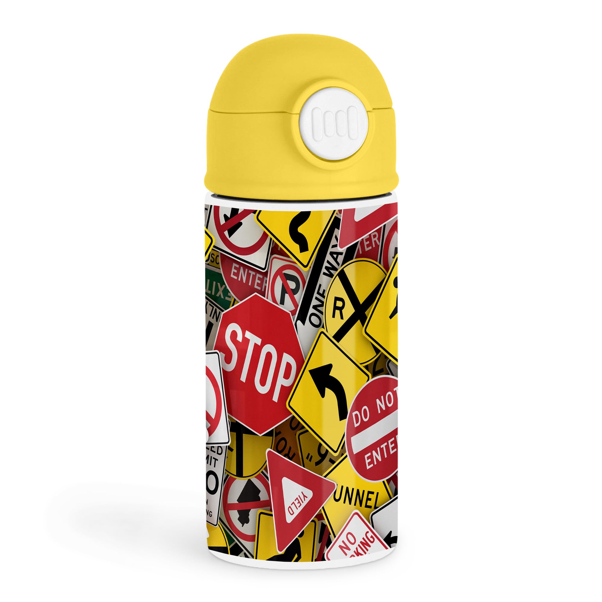 Funny Road Trip Enthusiasts 12oz Kids Yellow Bottle  Collage of colorful road signs in red, yellow, and black  Road Trip, Dail