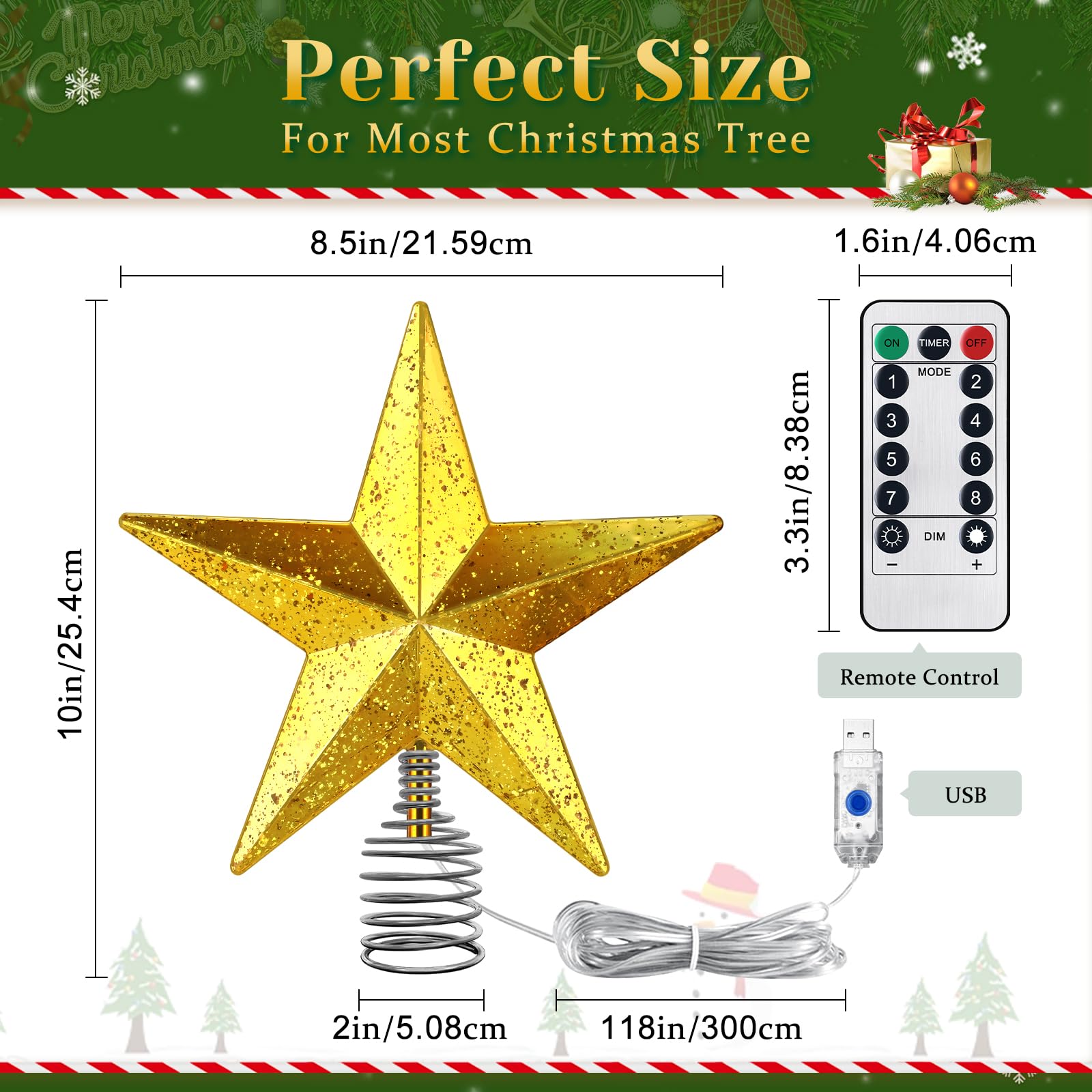 Gold Christmas Tree Star Topper with Lights, 8.5-Inch Light-Up Christmas Tree Topper with Remote Control, 4 Brightness Levels &