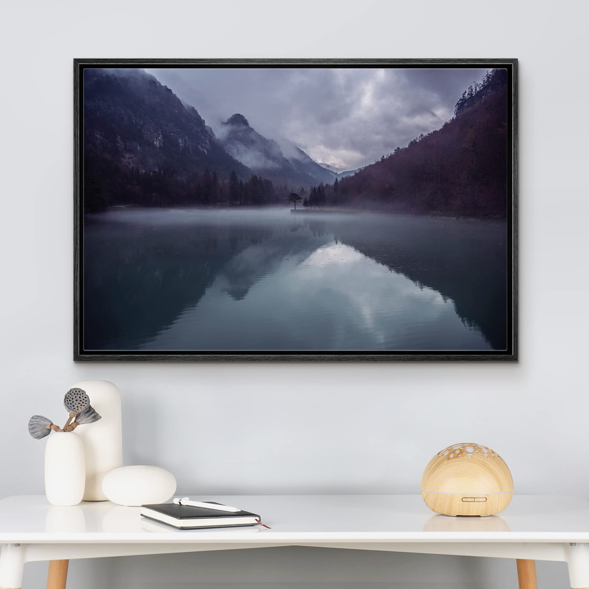 Wall26 Framed Canvas Print Wall Art Dark Blue & Purple Misty Mountain Reflections Nature Wilderness Photography Modern Art Rusti
