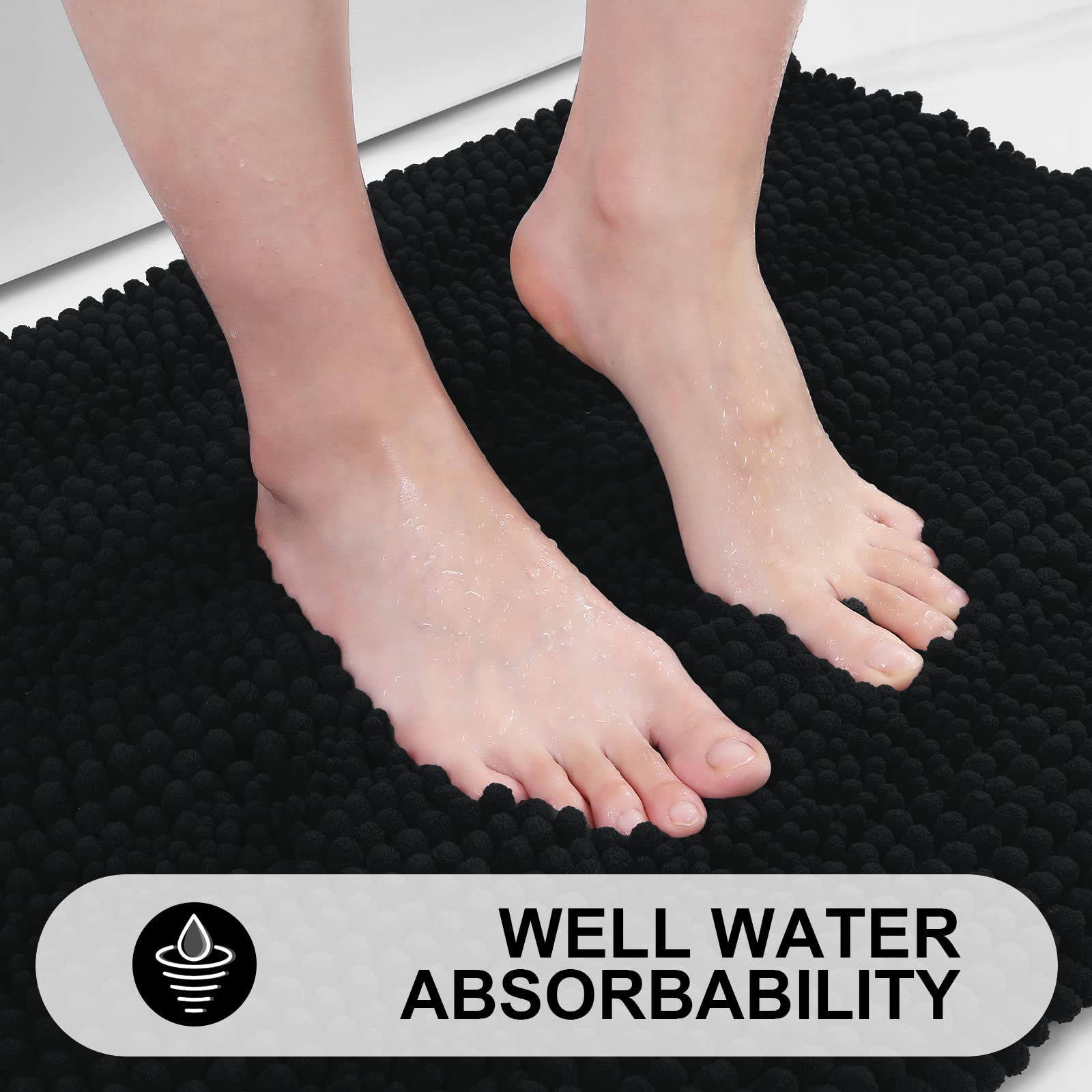 Grandaily Chenille Striped Bathroom Rug Mat  Extra Thick and Absorbent Bath Rugs  Non-Slip Soft Plush Shaggy Bath Carpet  Machine Wash Dry  Bath Mats for Bathroom  24x36  Black