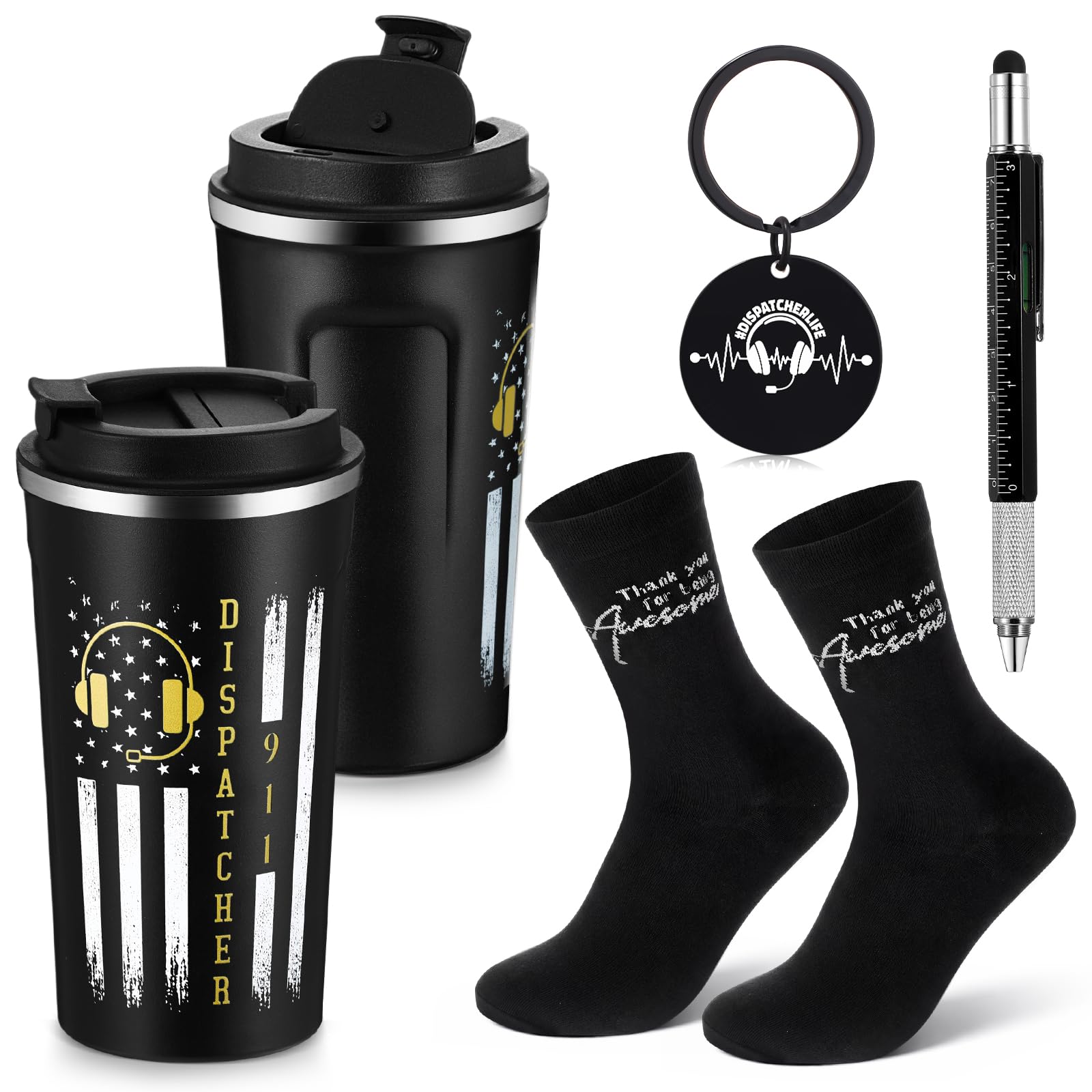Gerrii 4 Sets 911 Dispatcher Fathers Day Appreciation Gift 17 oz Stainless Tumbler Keychain Metal Pen Socks for Employee Emergen