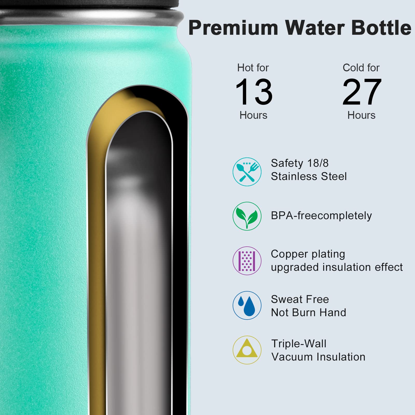 Koodee Water Bottle For School-16 Oz Stainless Steel Triple Wall Vacuum Insulated Water Bottle For Girls, Wide Mouth Bottle With
