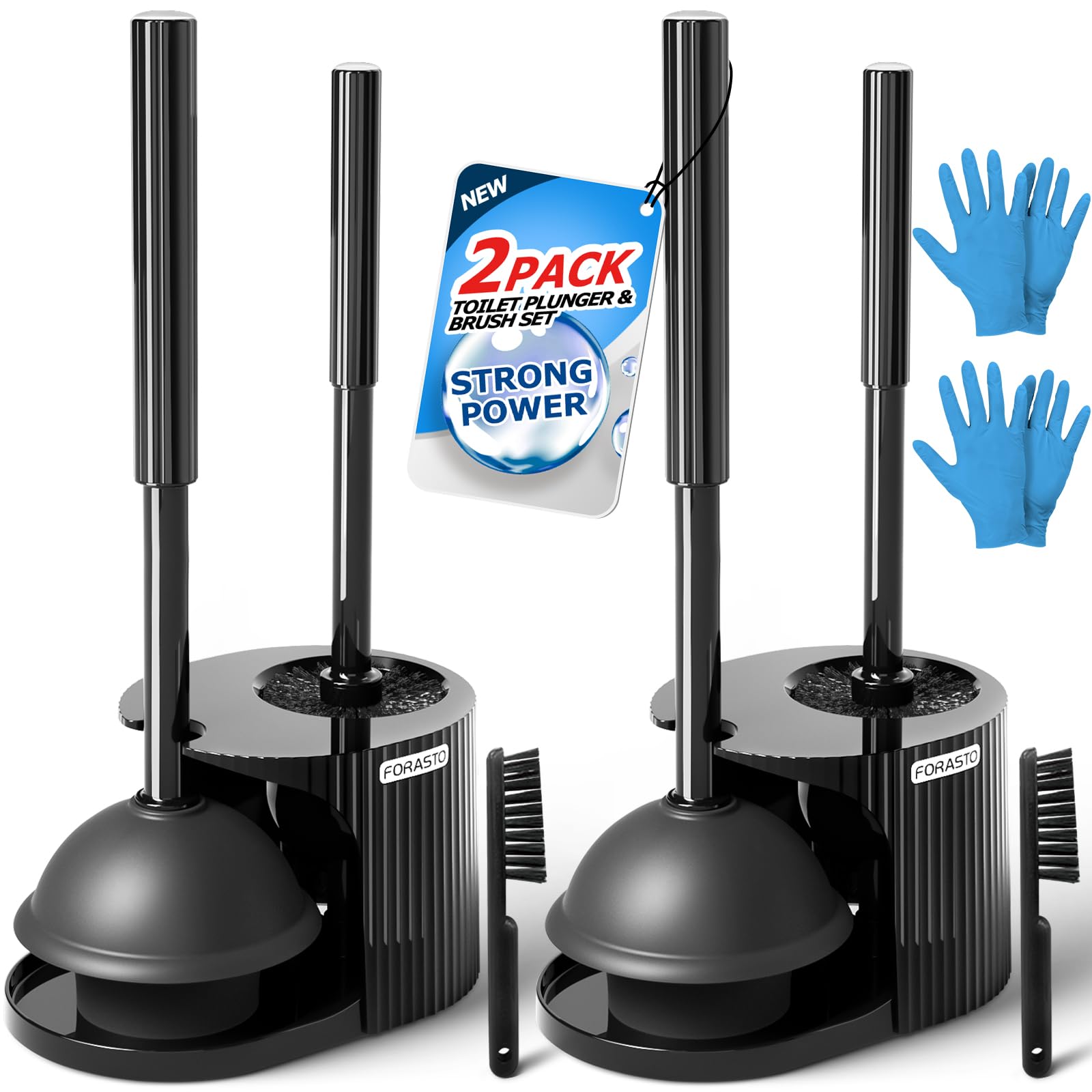 FORASTO 2Pack 2 in 1 Toilet Brush and Plunger Set, Extended Handle Plunger,Toilet Bowl Brush Plunger Set,Clean Gloves,Cleaning T