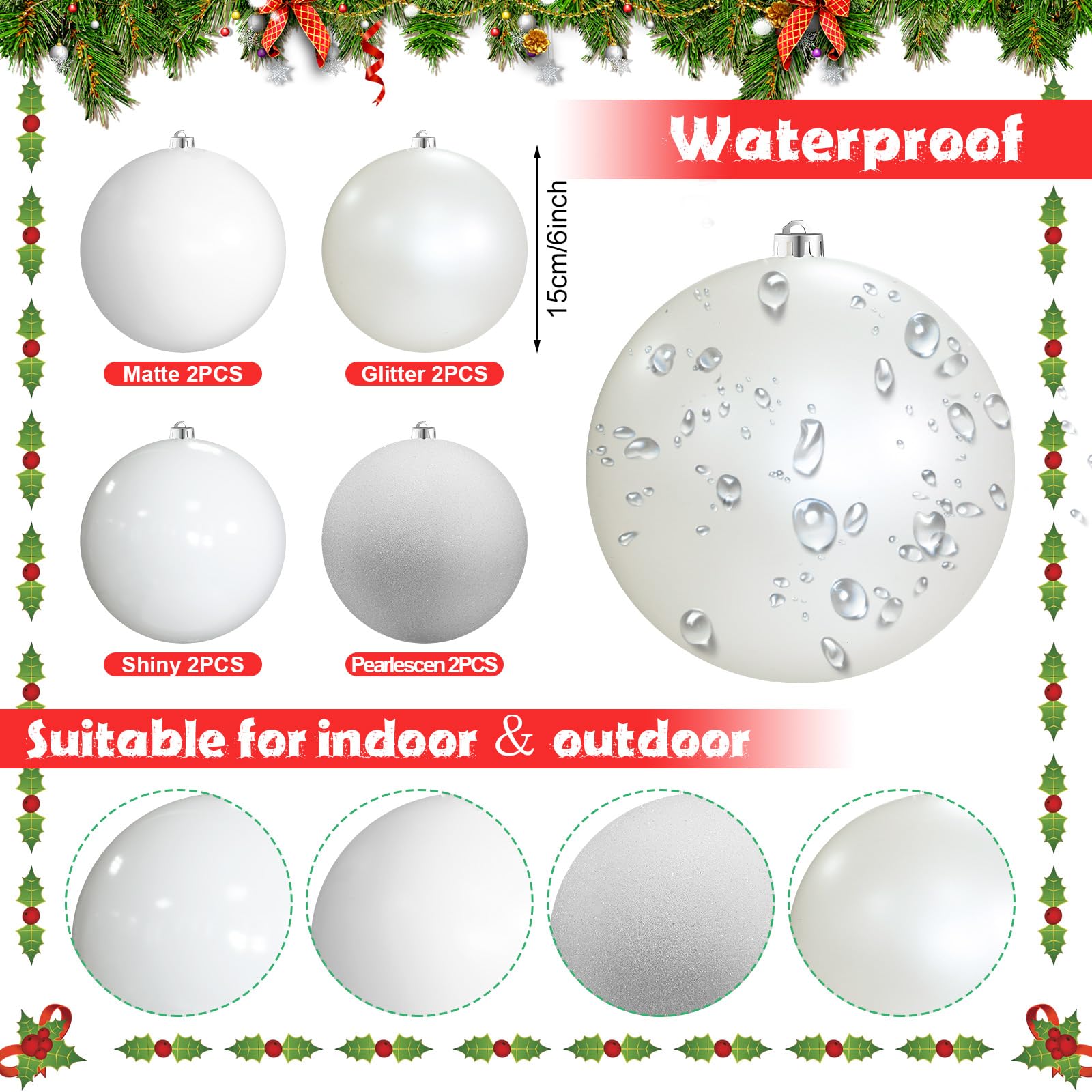 Yerliker 8 Pack Large Christmas Ornaments Balls 6 Inch Jumbo Oversized Plastic Hanging Ball Xmas Tree Decorations for Indoor Out