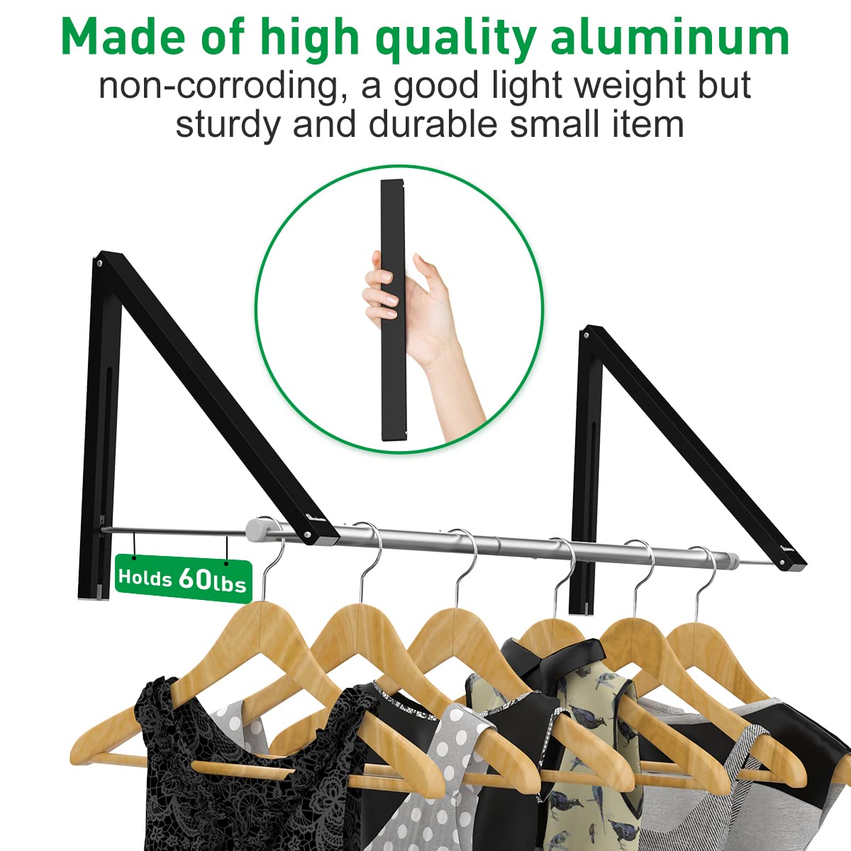 Anjuer Retractable clothes Rack - Wall Mounted Folding clothes Hanger Drying Rack for Laundry Room closet Storage Organization  Aluminum  2 Racks with Rod (Black)