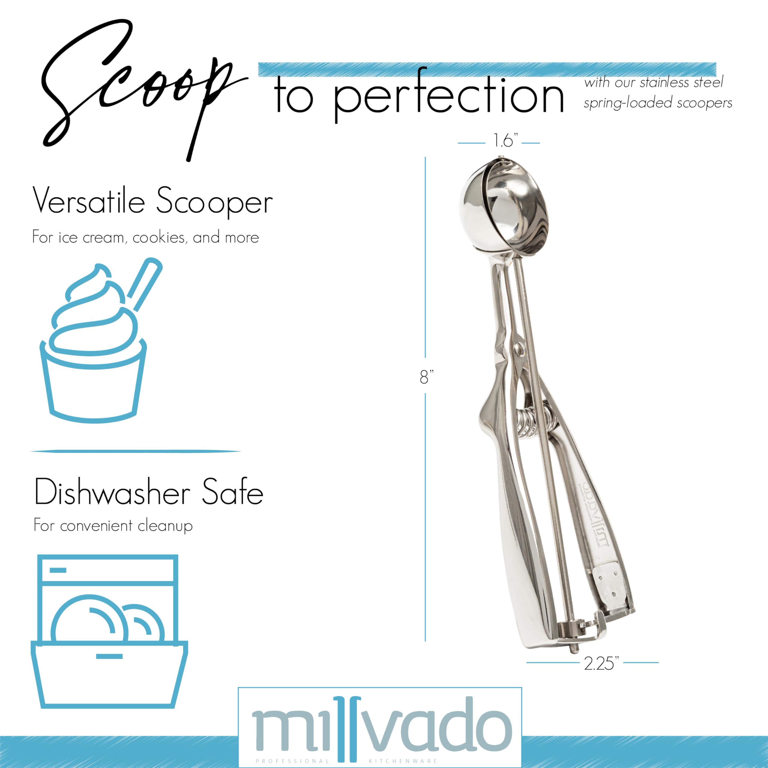 Millvado Stainless Steel Ice Cream And Cookie Scoop | Spring Loaded Lever Design, For Sorbet, Melon, Meatballs, Muffins, And Mor