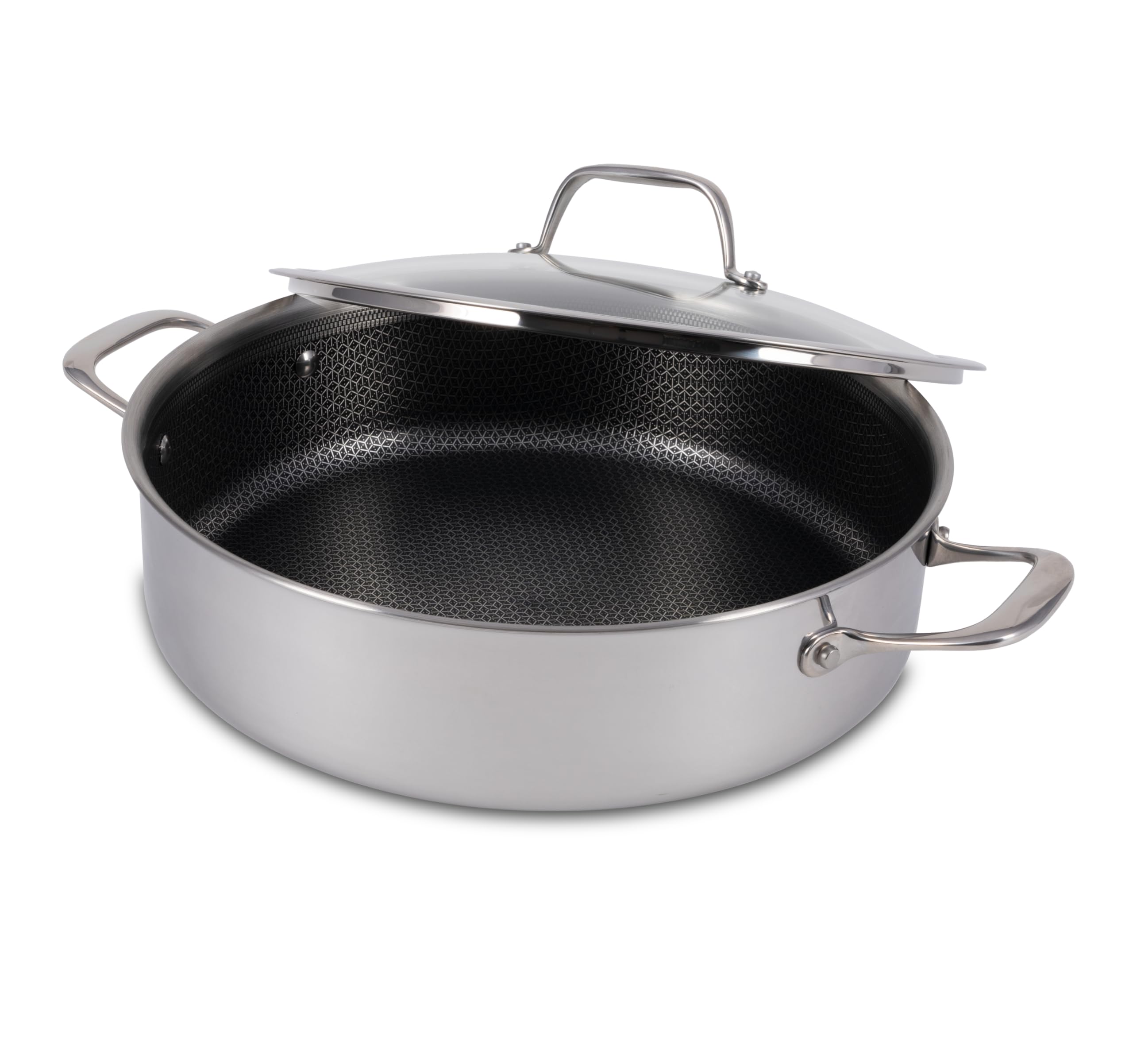 T-Fal Hybridmesh Tri-Ply Stainless Steel Shallow Pan With Lid, 6 Quart, Induction, Oven Safe 500F, Metal Utensil Safe, Platinum 