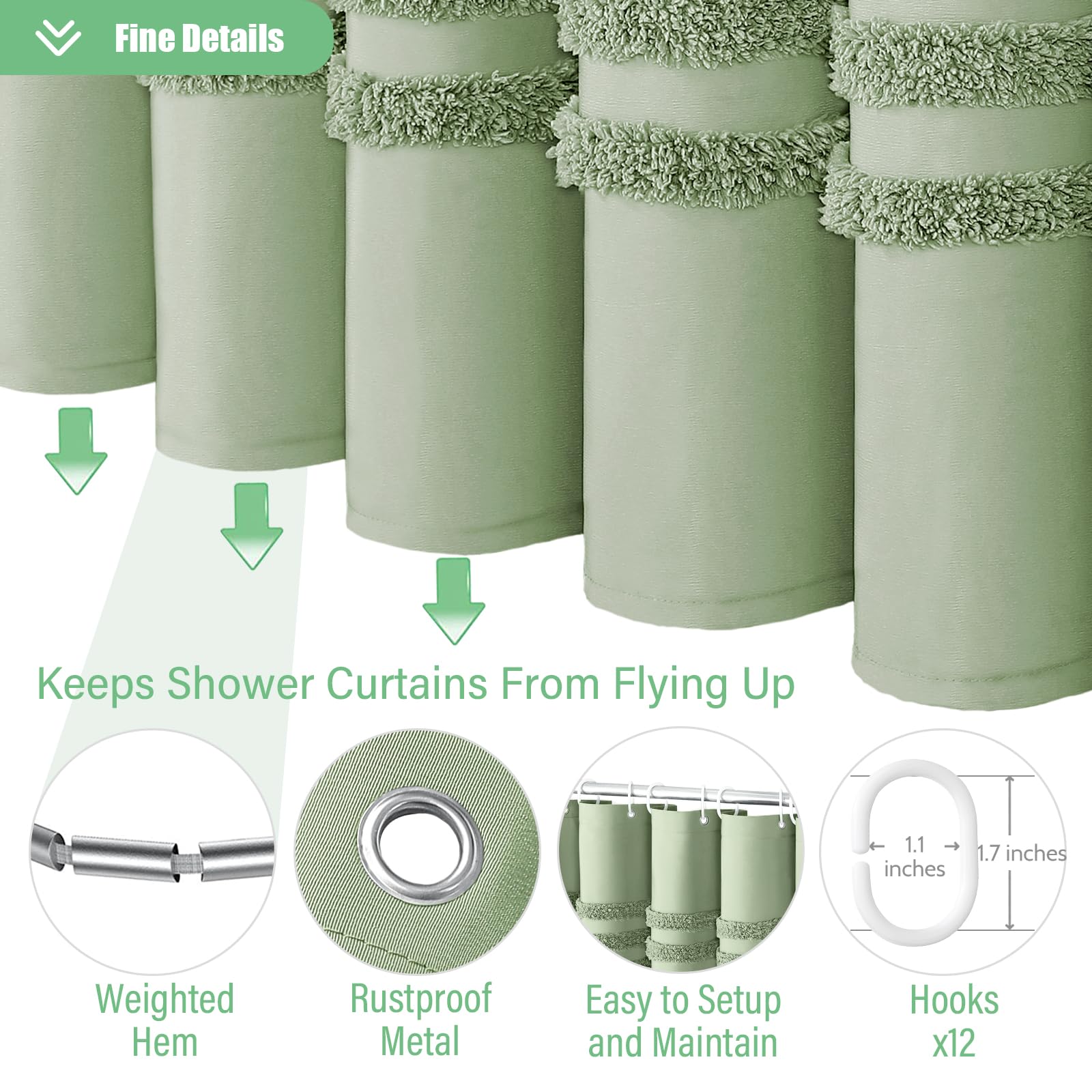 Dynamene Extra Long Shower Curtains, 84 Inches Long Textured Tufted Chenille Striped Fabric Bathroom Shower Curtain, Tall Modern