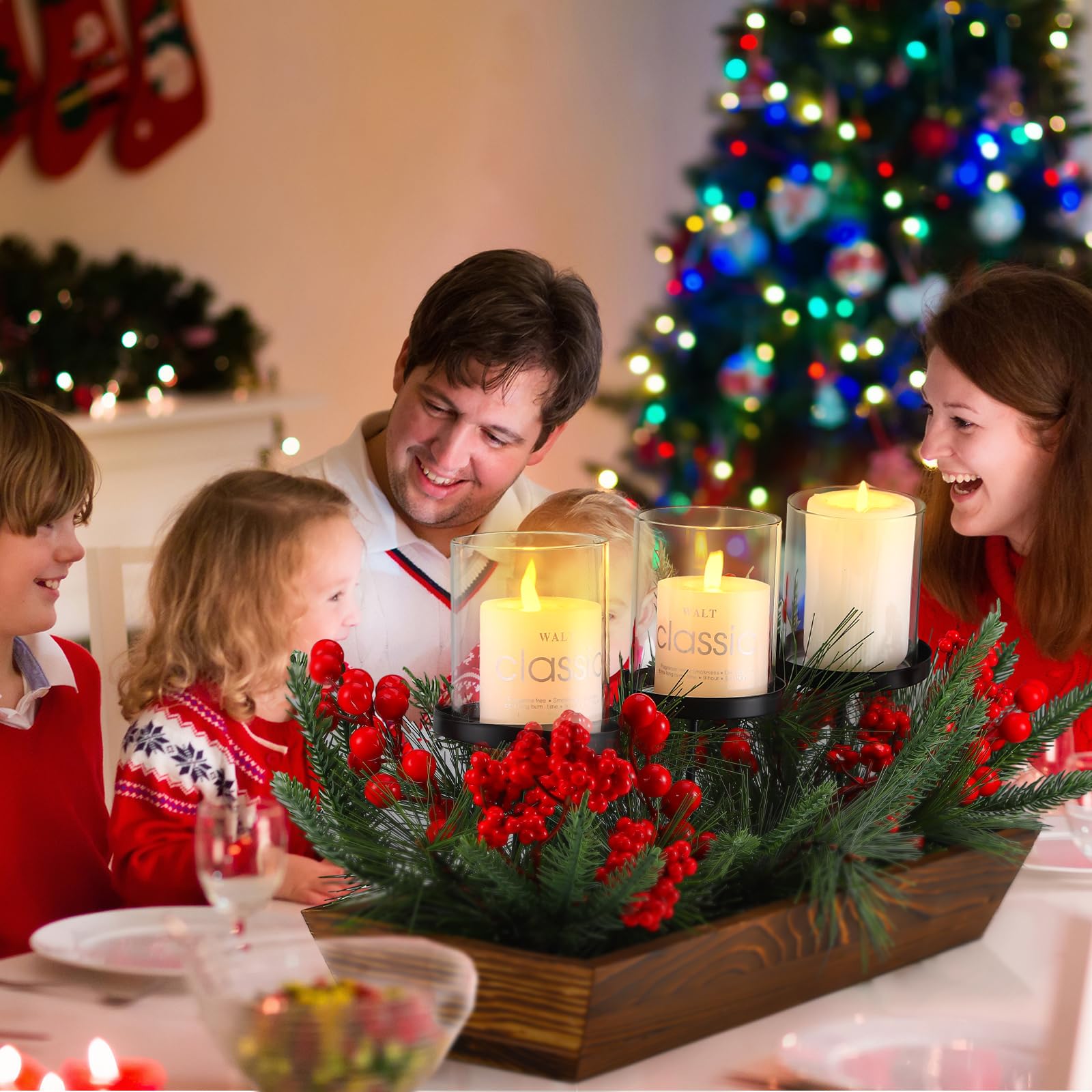 Suttmin 3 Pillar Christmas Table Centerpiece Christmas Candle Holder Artificial Red Berries Pine Cones with Steal Base Frosted B