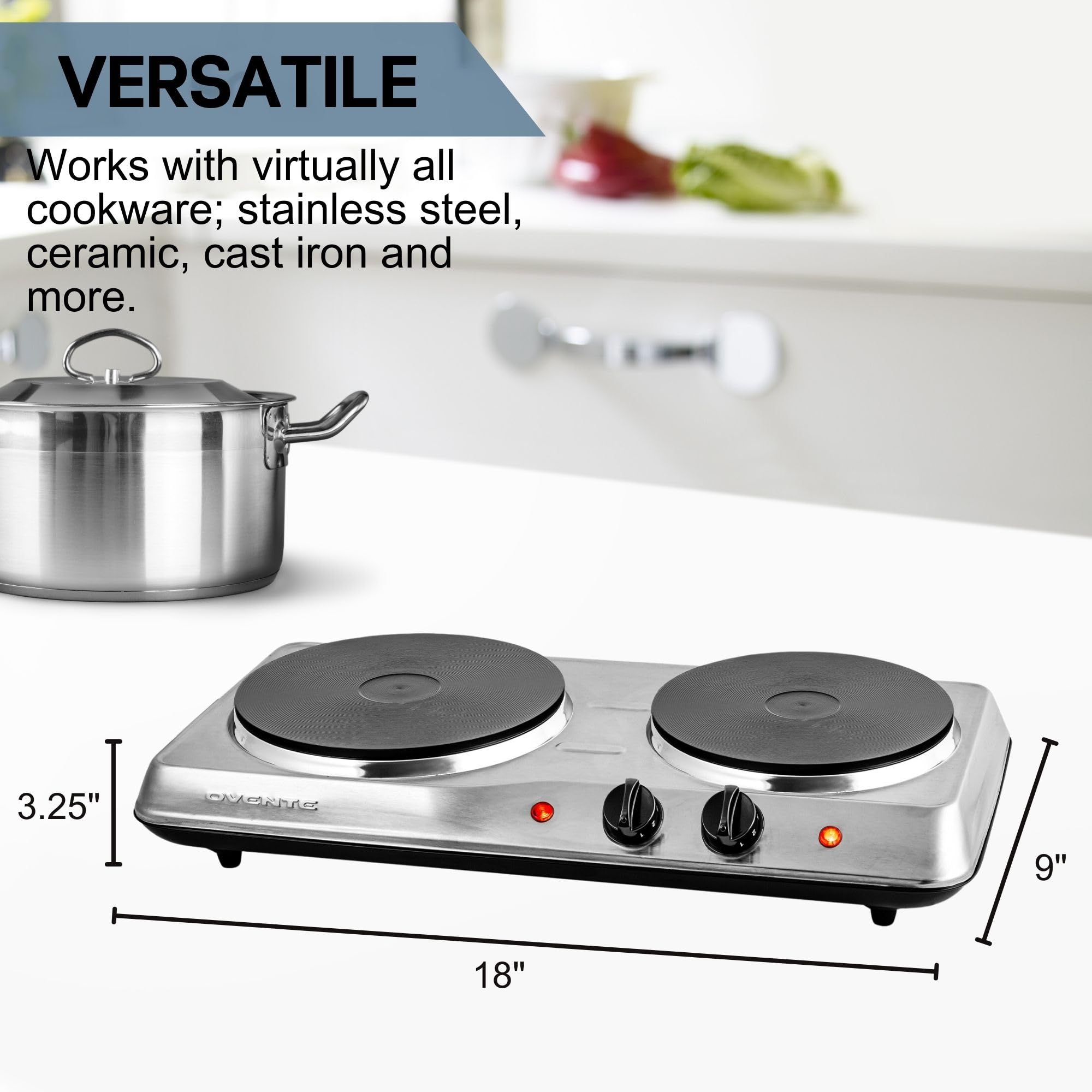 Ovente Electric Countertop Double Burner, 1700W Cooktop With 7.25 And 6.10 Cast Iron Hot Plates, Temperature Control, Portab