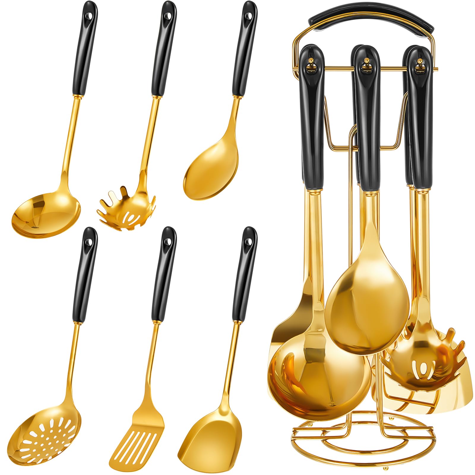 Blushtier 7 Pcs Cooking Utensils Set, Black Gold Stainless Steel Rack