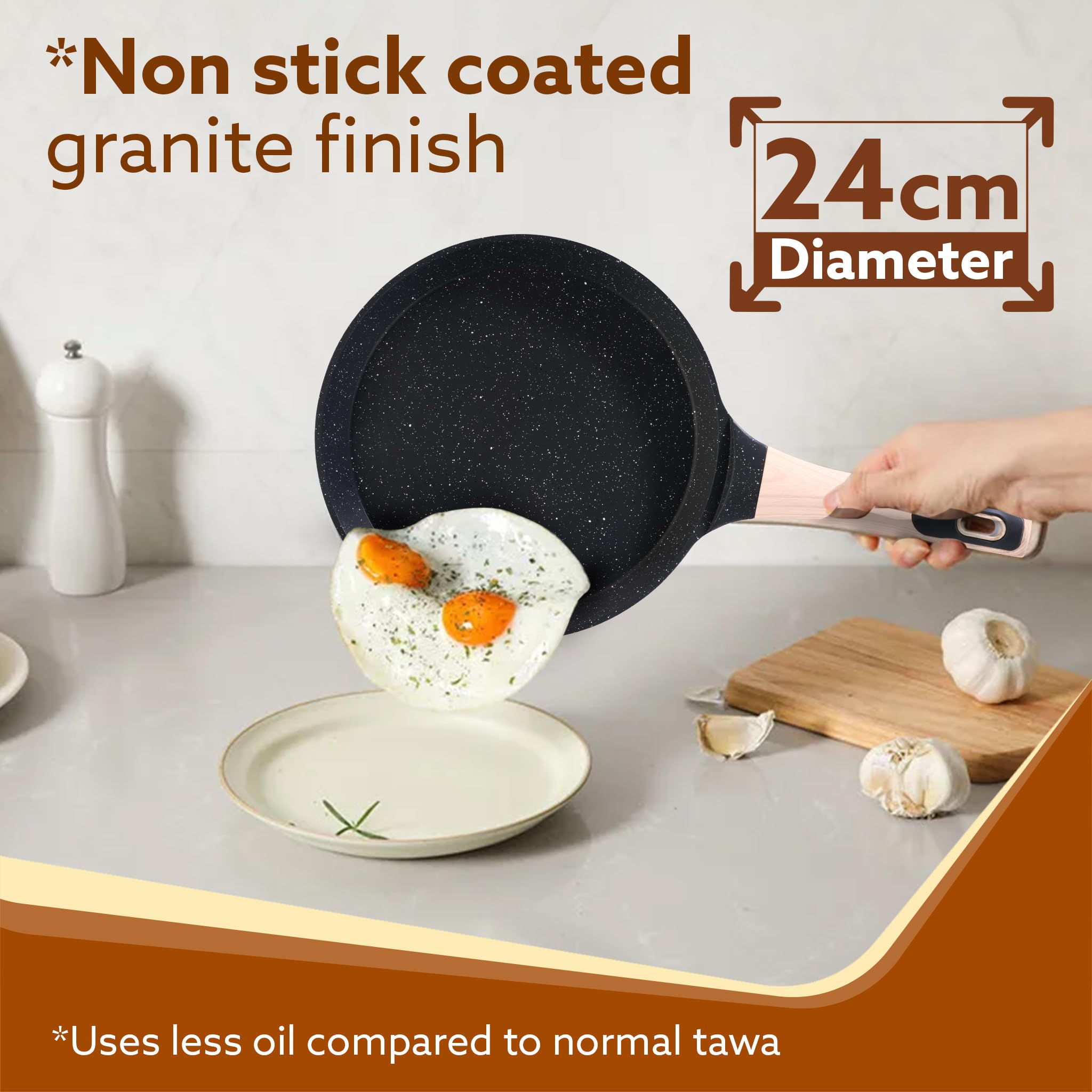 AGARO Imperial Granite Non Stick Tawa, 24cm, Cast Aluminium Body, Dosa, Roti, Paratha, Omlette, Gas & Induction Compatible, Dark