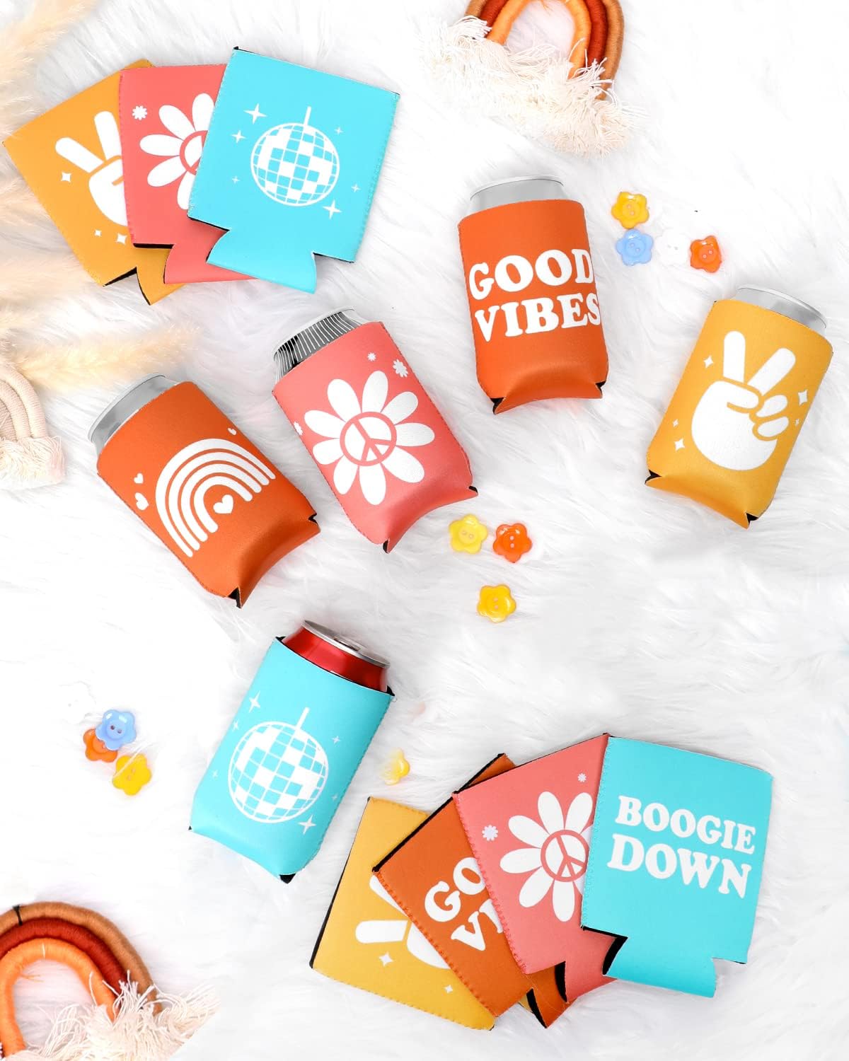 12-Pack Retro Bachelorette Party Can Cooler 70S Theme Beverage Sleeves Favor For Disco Bridal Shower Party Supplies Hippies Groo