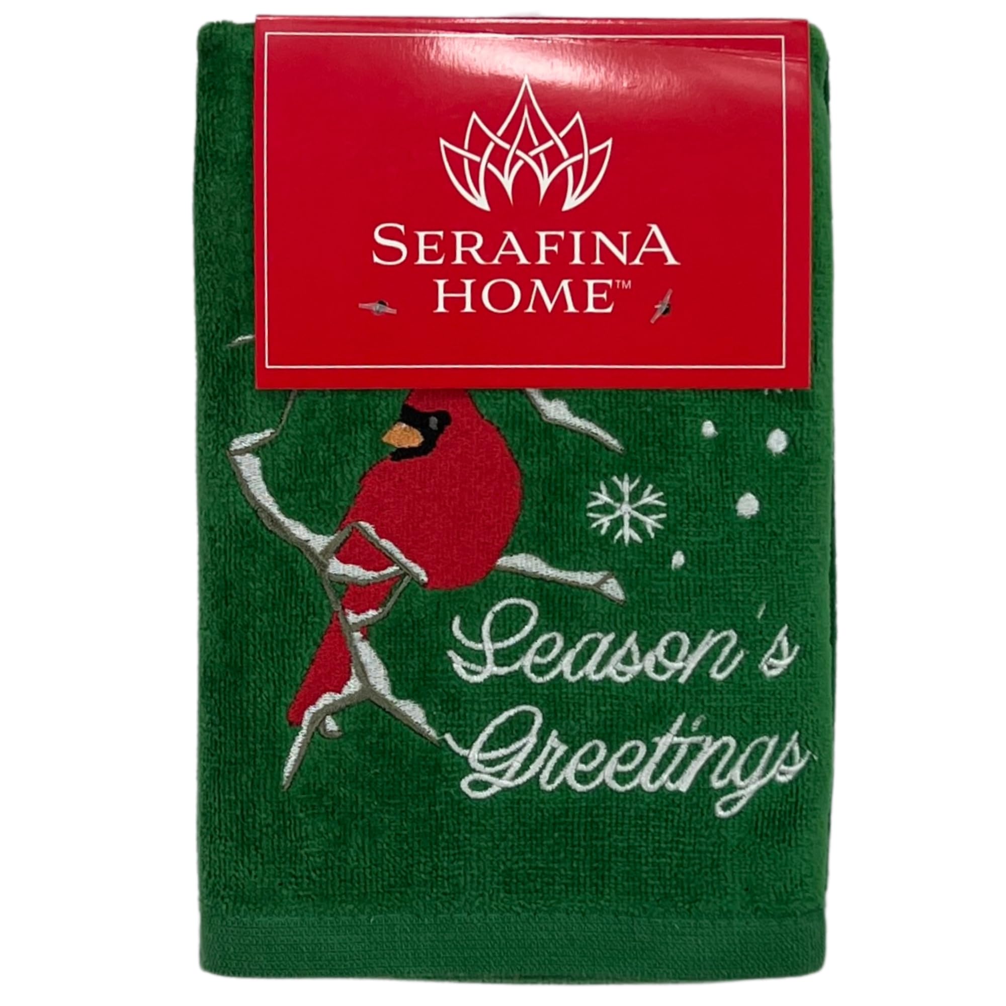Holiday Christmas Bathroom Guest Hand Towels, Red Cardinal With Season'S Greetings On Green100% Cotton, Set Of 2, 16 X 25 Inches