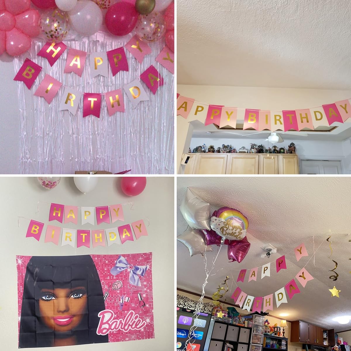 Tri-Color Happy Birthday Banner With Gold Letters, Swallowtail Design Hanging Signs Party Decorations
