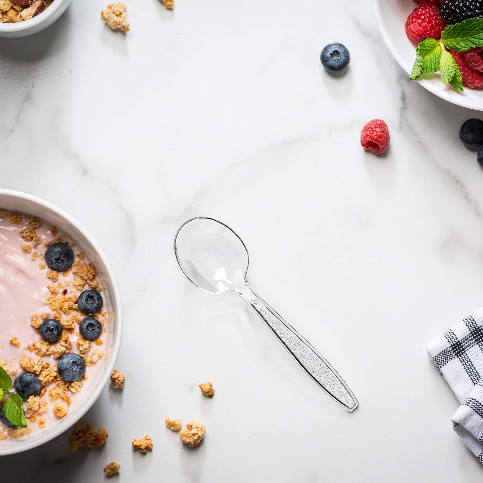 Comfy Package [300 Pack] Heavyweight Clear Plastic Soup Spoons With Engraved Design - Disposable Sturdy Plastic Utensils For Par