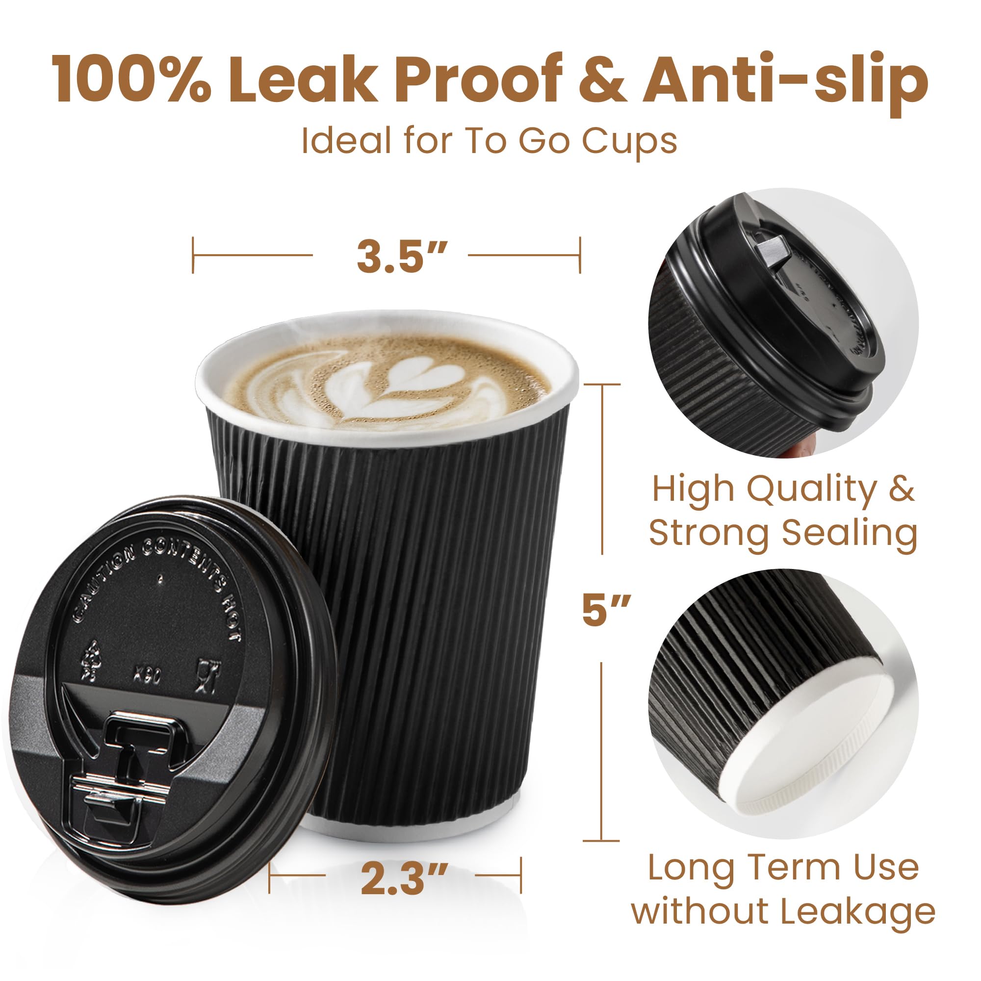 Fit Meal Prep 50 Pack 12 Oz Black Disposable Coffee Cups With Lids & Stirrers, Corrugated Triple Wall To Go Hot Cups, Insulated