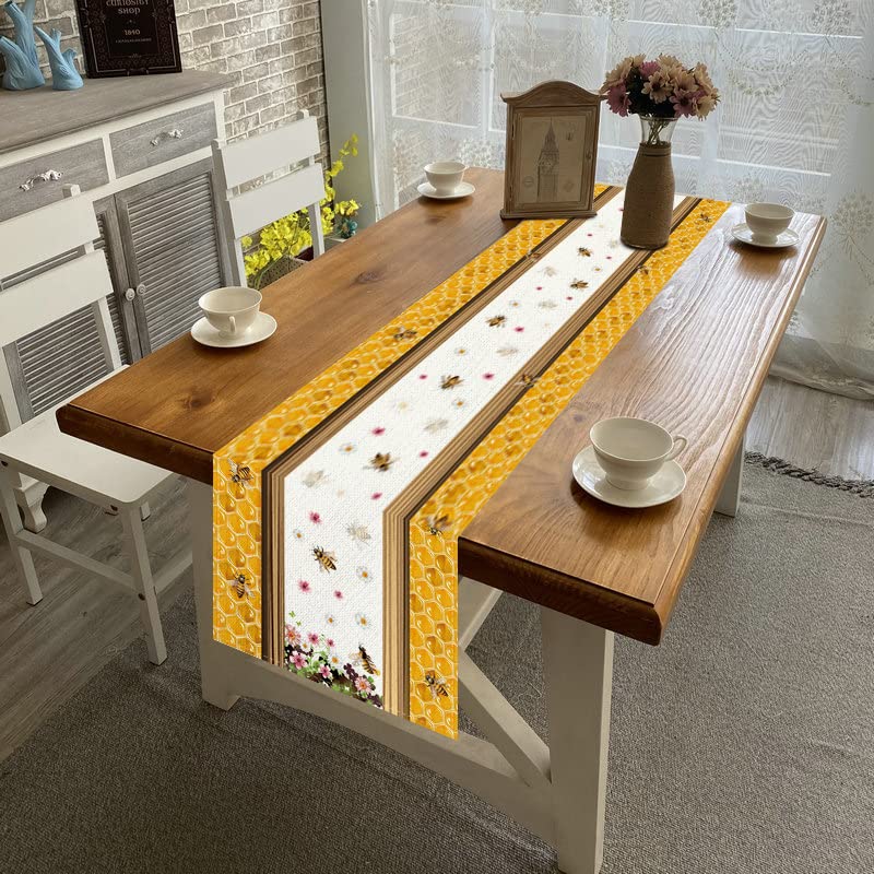 Linen Watercolor Floral Daisy Bee Table Runner 72 Inches Long Farmhouse Spring Summer Autumn Fall Home Kitchen Dinging Room Tabl