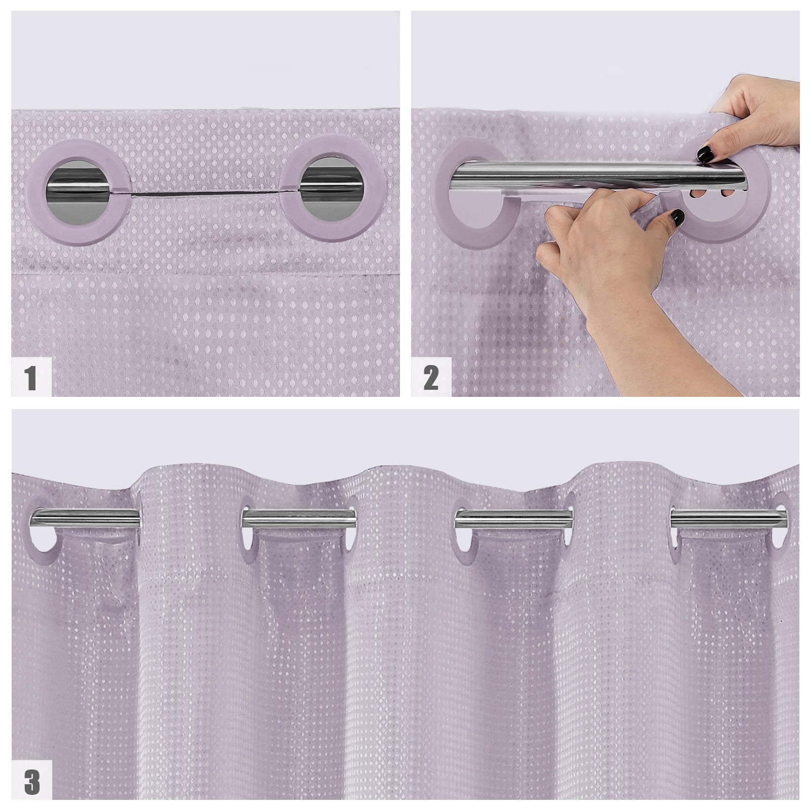 Mitovilla No Hooks Needed Extra Long Shower Curtain Set With Snap-In Liner, Purple 86 Inch Xl Heavyweight Waffle Fabric Cloth Sh