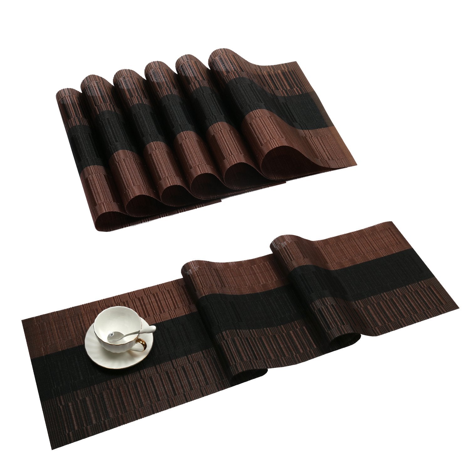 Shacos Placemats With Table Runner Set Of 7 Woven Vinyl Wipe Clean Heat Resistant Table Mats And Runner Set For Dining Table, Om