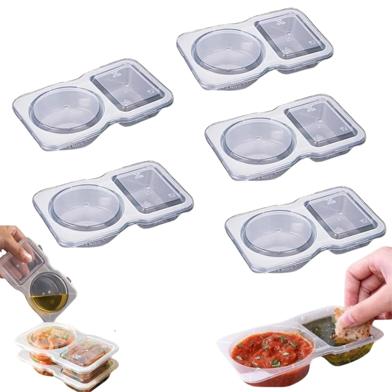 Uioecn 5PCS Double Compartment Condiment Containers with Lids, Portable Reusable Snack Containers