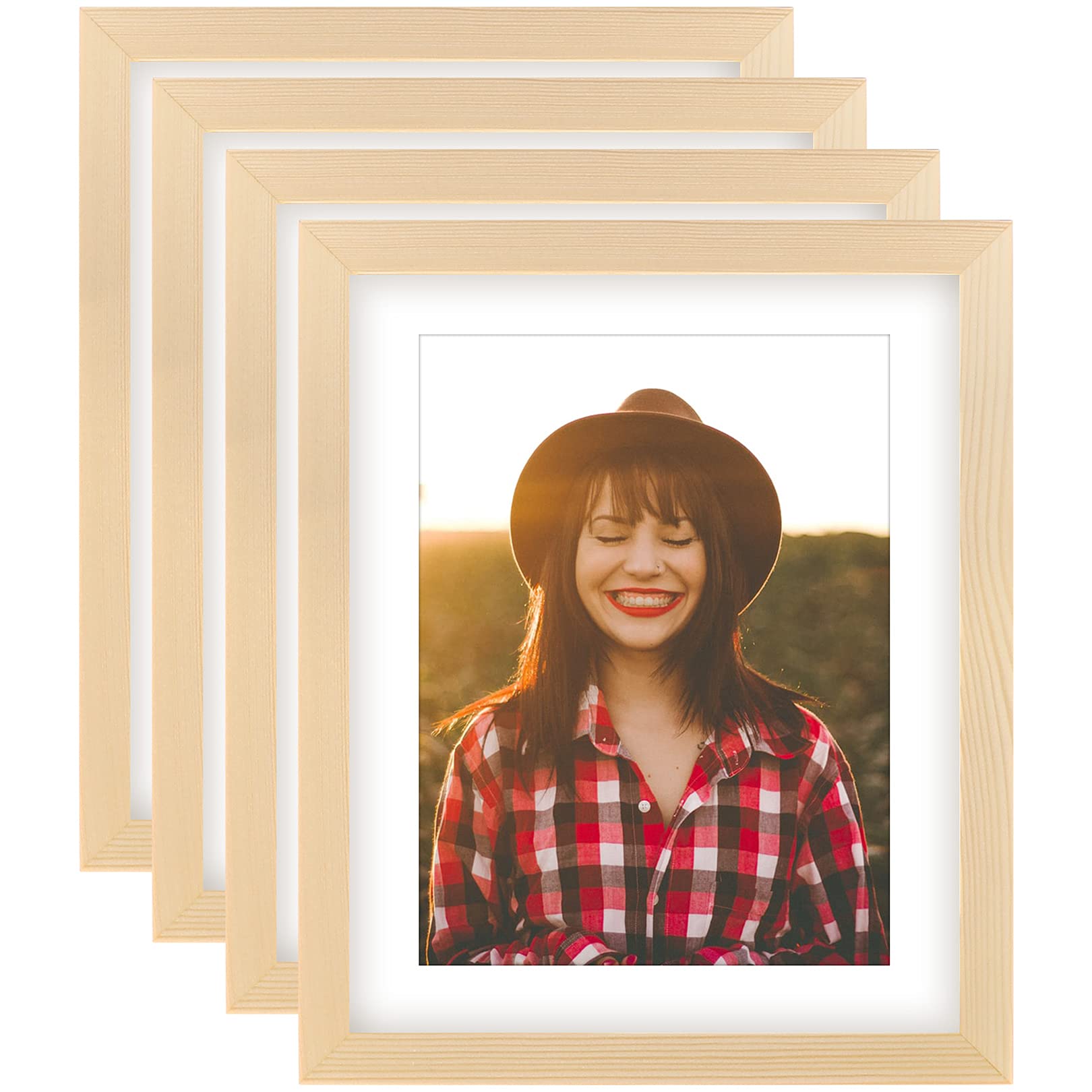 8x10 Grain Picture Frames Natural Solid Wood 4 Pack for Wall Mounting and Tabletop Display