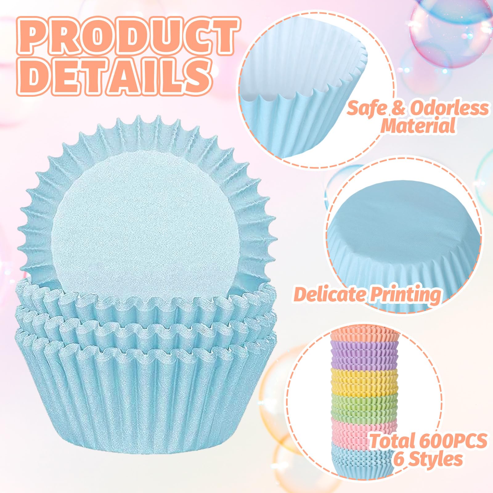 Whaline 600Pcs Colorful Cupcake Liners Pastel Color Cupcake Wrappers Baking Cup Light Pink Blue Purple Yellow Orange Green Muffi
