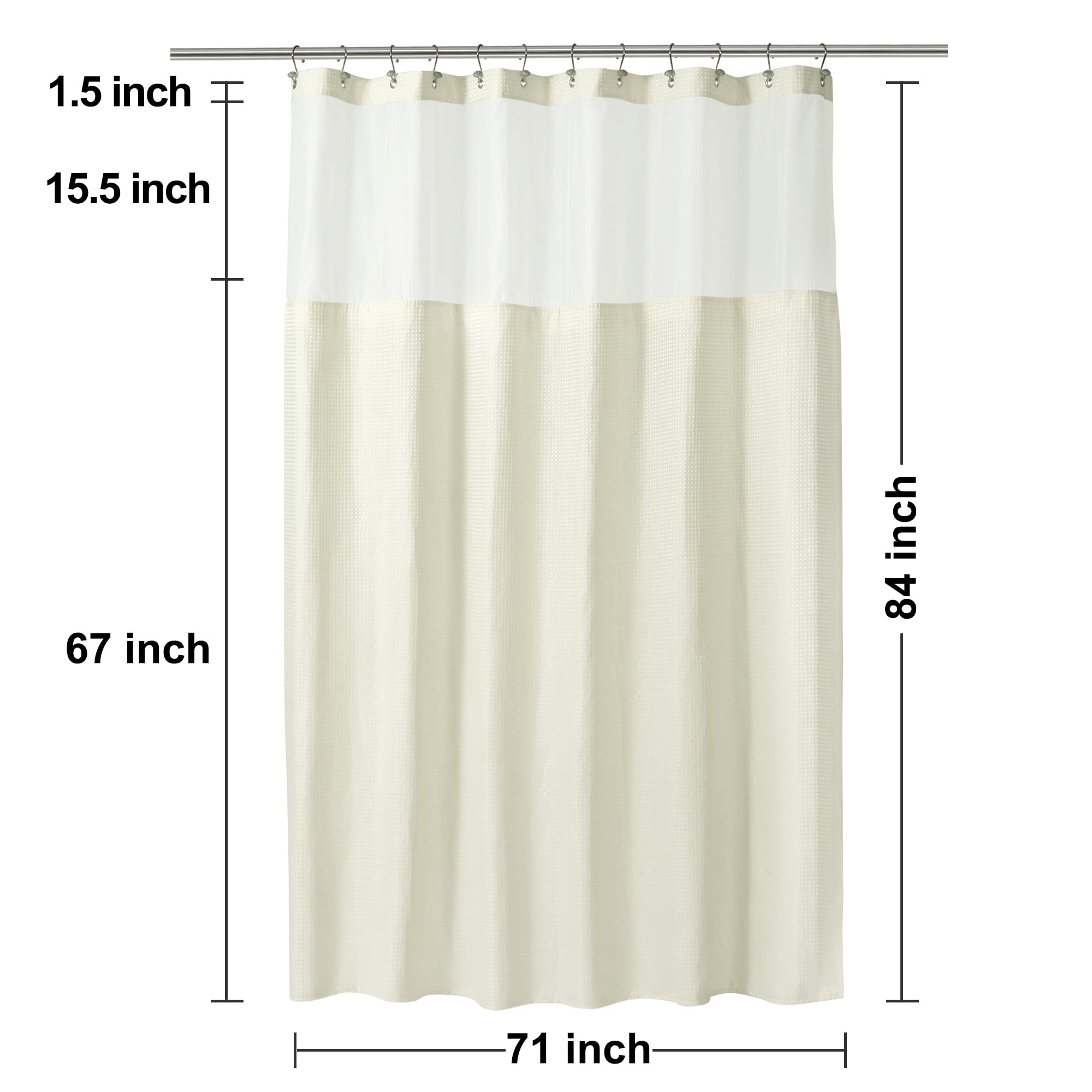 N&Y Home Extra Long Cream Waffle Weave Shower Curtain With Snap-In Fabric Liner & Hooks Set - 71'' X 84'', Hotel Style & Mesh To