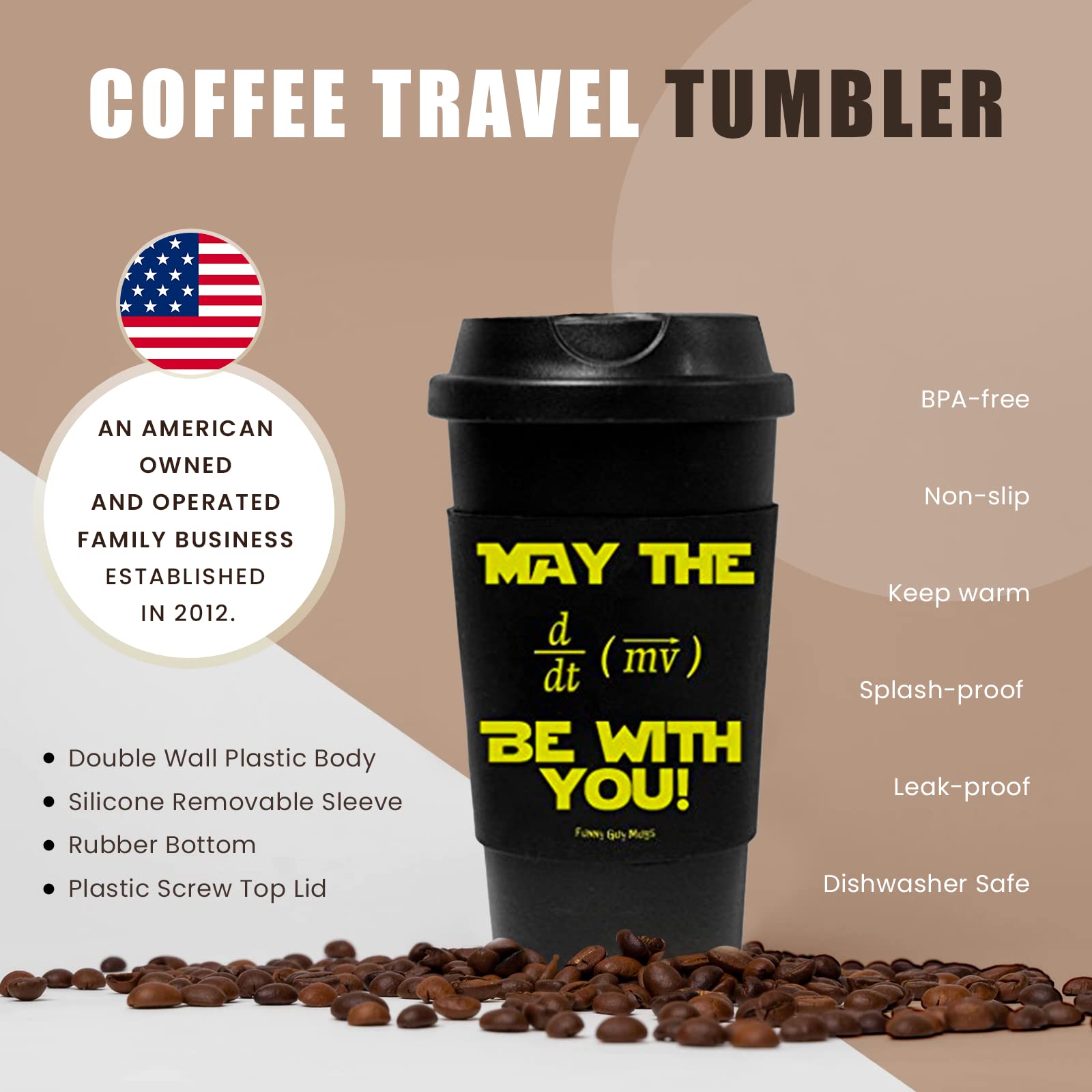 Funny Guy Mugs May The Force Be With You Equation Travel Tumbler With Removable Insulated Silicone Sleeve, Black, 16-Ounce