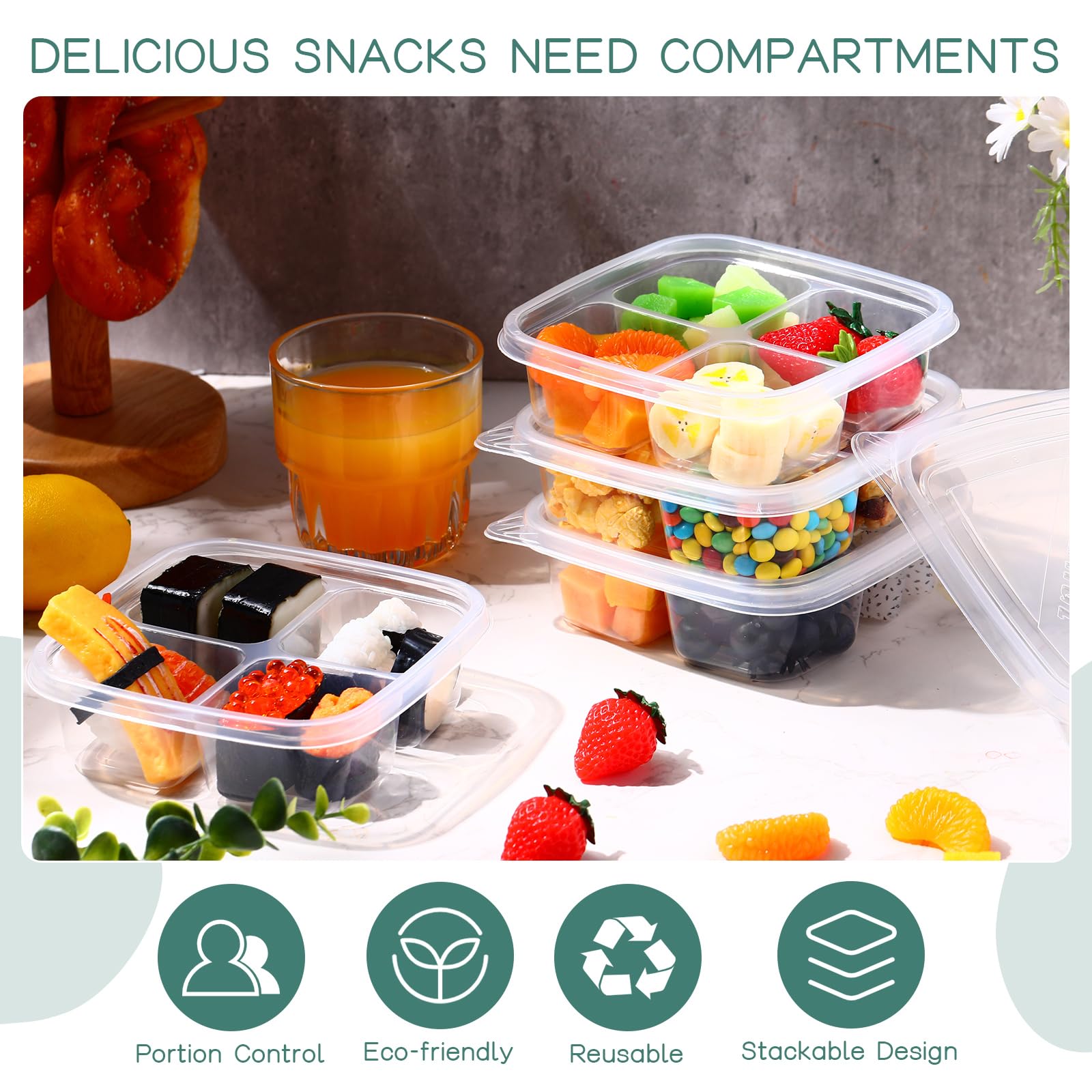 Dandat 50 Pcs Clear Plastic Bento Boxes 4 Compartment Reusable Snack Containers Leakproof Food Container Food Prep Bento Box Wit