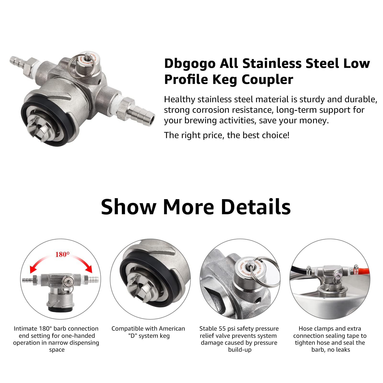 Dbgogo Low Profile Keg Coupler, 304 Stainless Steel D System Keg Coupler Space Saving Twist-Activated Homebrew Sankey Keg Tap Wi