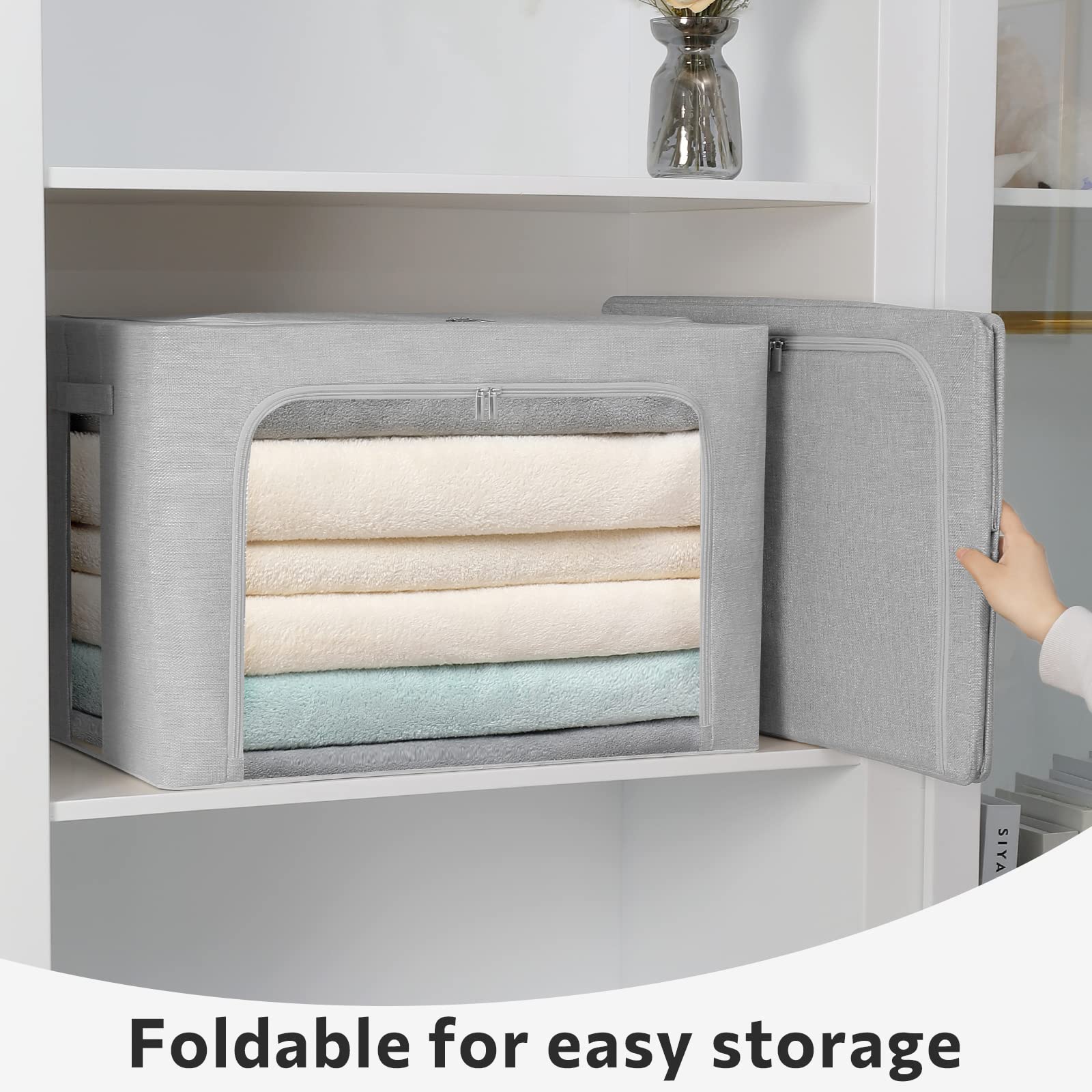 2 Pack Clothes Storage Bins - Stackable Metal Frame Storage Box Foldable Linen Fabric Organizer with Carrying Handles and Clear